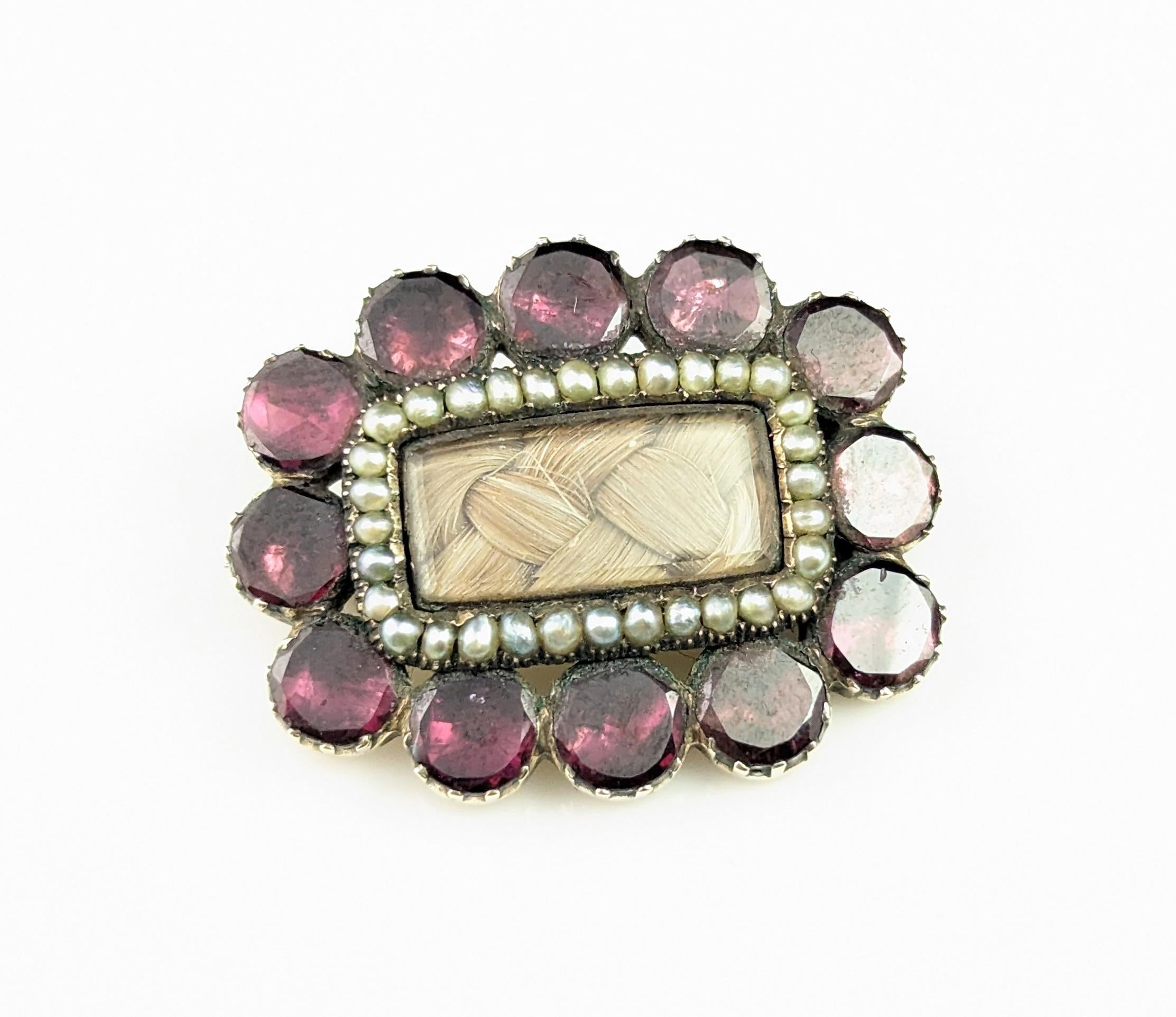 Antique Georgian Mourning brooch, flat cut Garnet, Pearl, 9k gold  For Sale 6