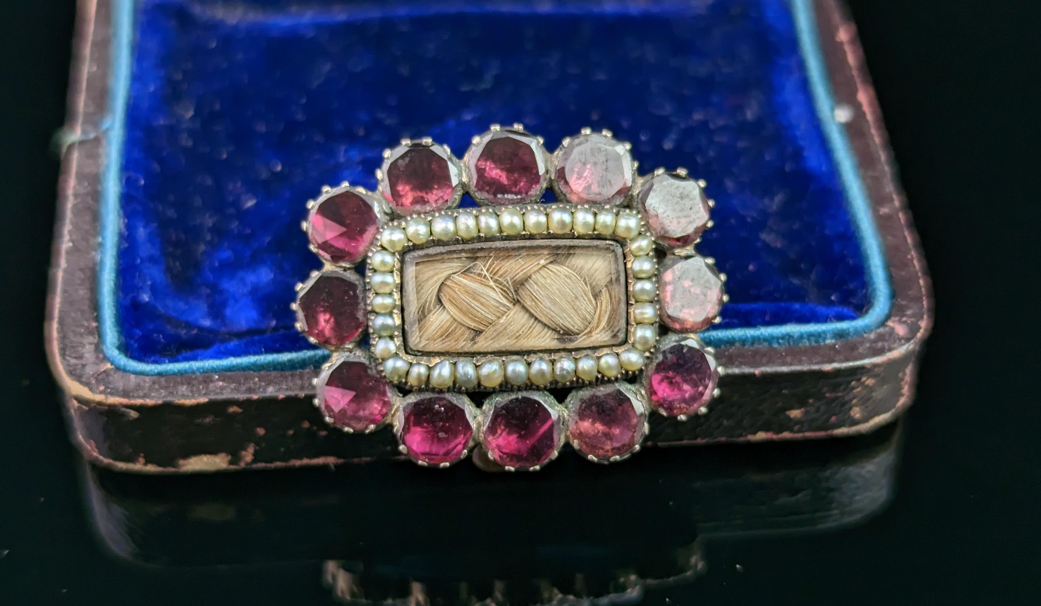 Antique Georgian Mourning brooch, flat cut Garnet, Pearl, 9k gold  For Sale 1