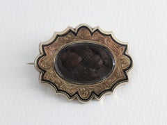 Antique Georgian Engraved Braided Hair Mourning Brooch Enamel and Yellow Gold