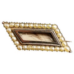 Antique Georgian Mourning Brooch, Pendant, 9k Rose Gold and Seed Pearl, Rhomboid