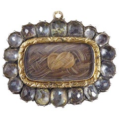Antique Georgian Mourning Brooch with Woven Hair and Rose Cut Paste