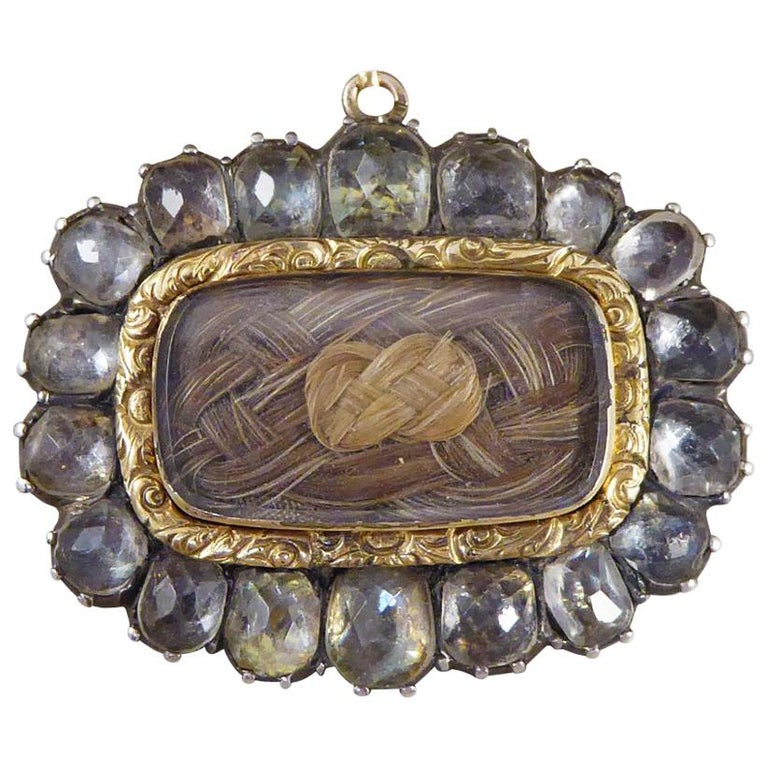 Antique Mourning Brooch with Woven Hair and Rose Cut Paste at 1stDibs