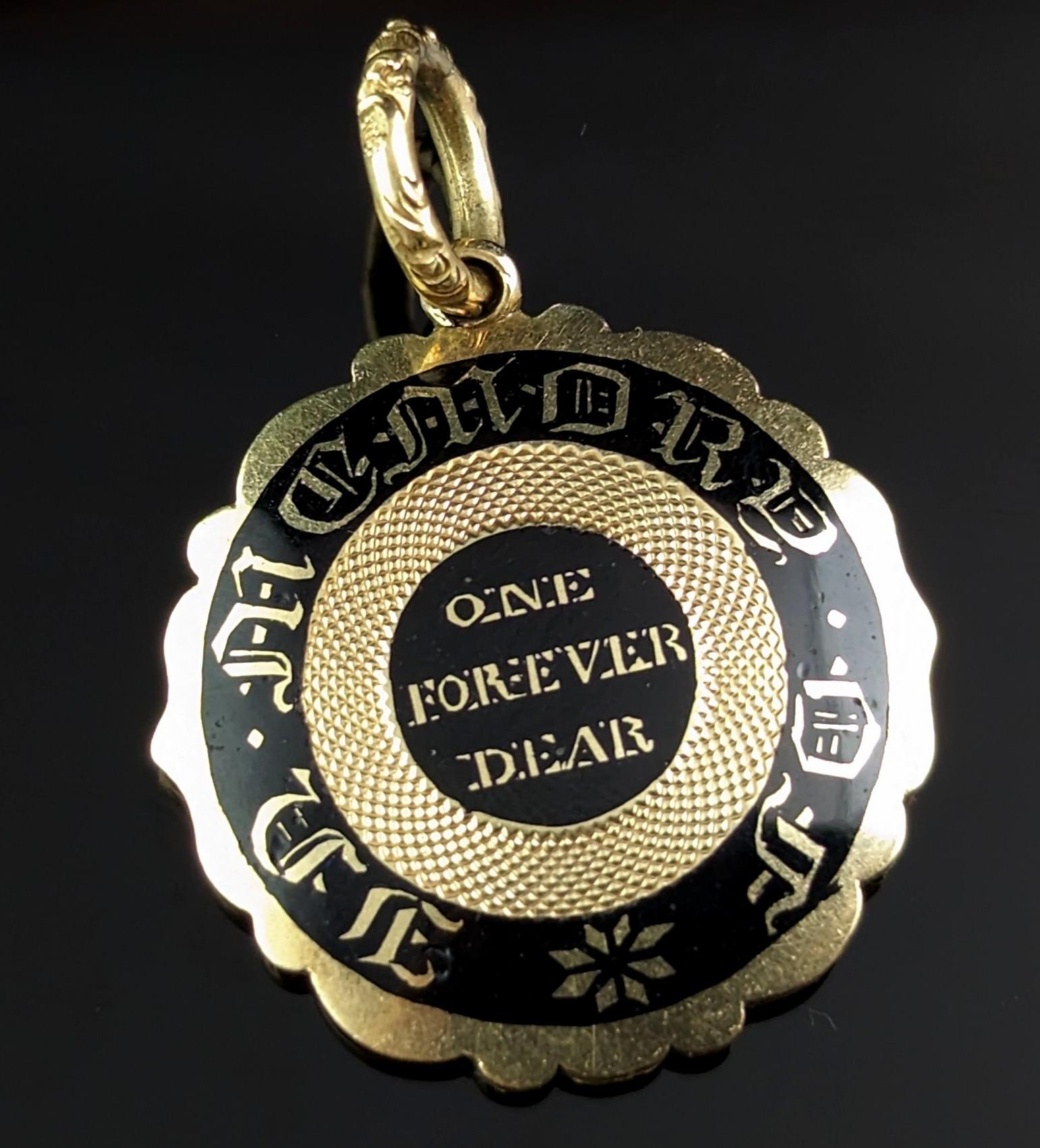 Antique Georgian mourning locket pendant, 9k gold and black enamel  9
