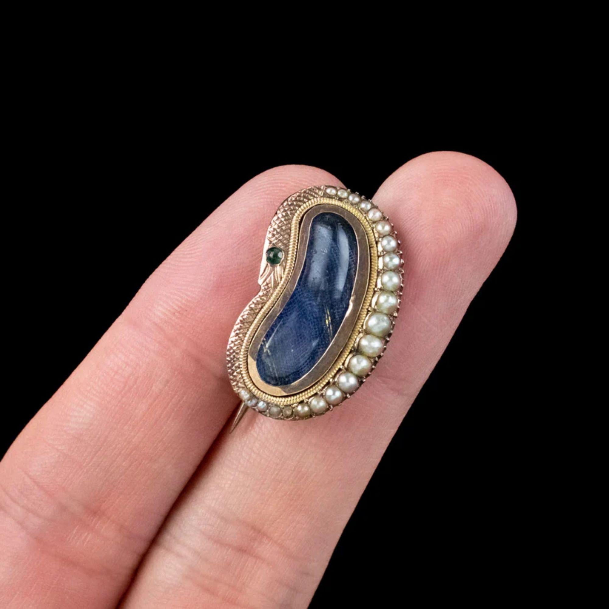 Bead Antique Georgian Mourning Pearl Snake Brooch with Window, circa 1800 – 1830 For Sale