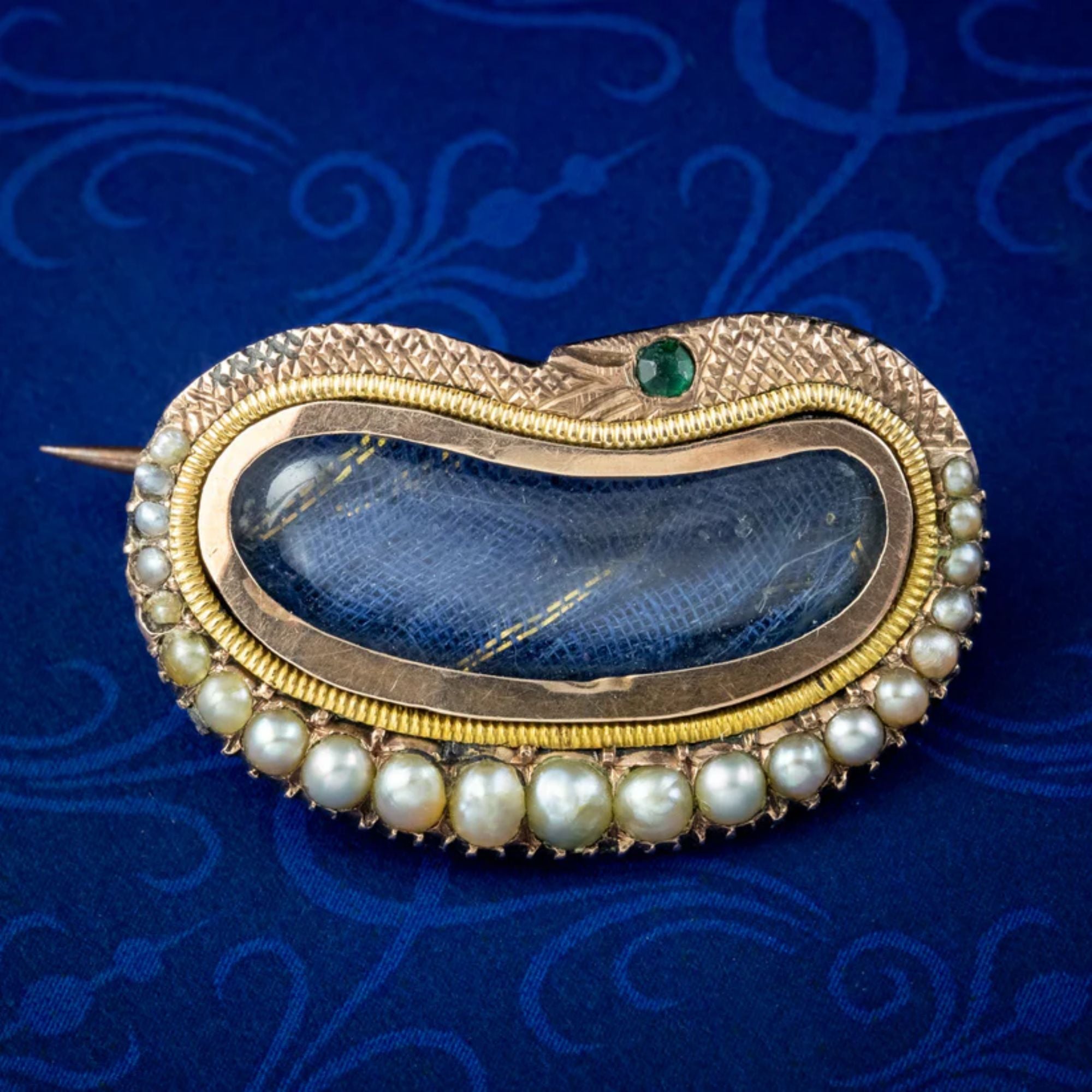 Antique Georgian Mourning Pearl Snake Brooch with Window, circa 1800 – 1830 For Sale