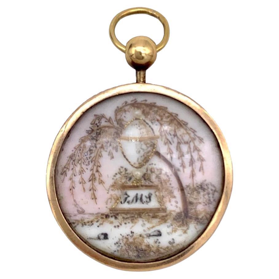 Antique Georgian Mourning Pendant Gold Painted Porcelain Hair Pearl Initials For Sale