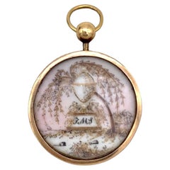 Antique Georgian Mourning Pendant Gold Painted Porcelain Hair Pearl Initials