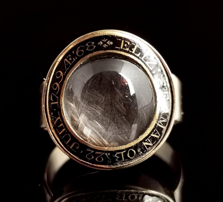 Antique Georgian mourning ring, 12k gold, Black enamel and Hairwork, boxed  For Sale 6