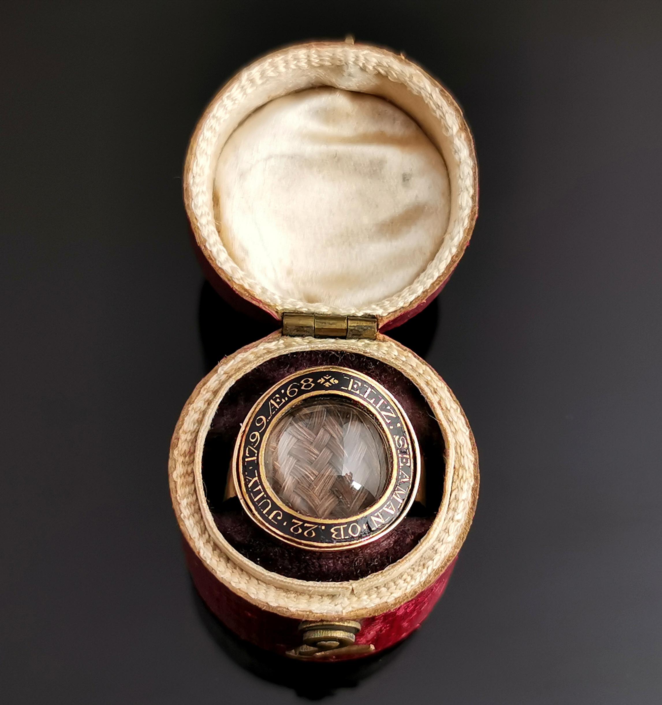 Antique Georgian mourning ring, 12k gold, Black enamel and Hairwork, boxed  4