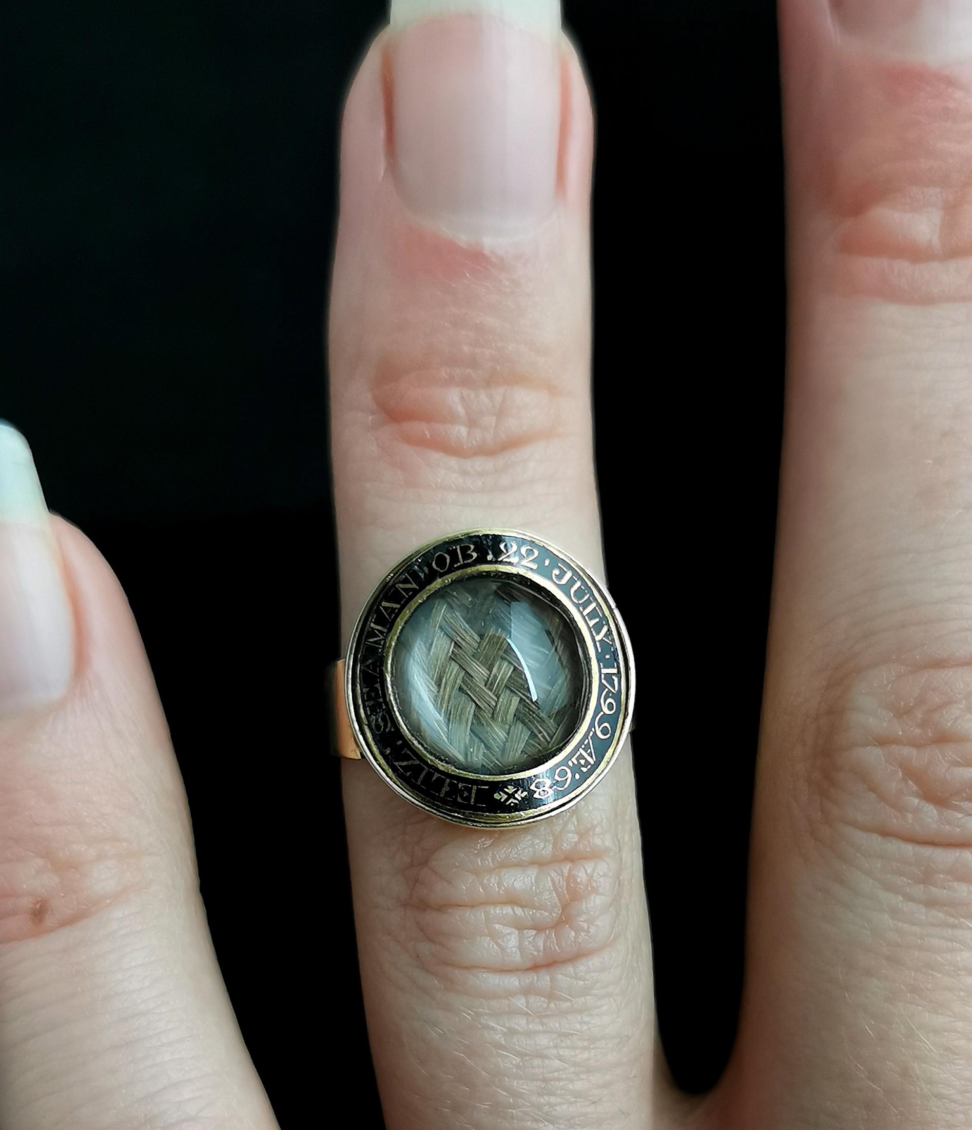 Antique Georgian mourning ring, 12k gold, Black enamel and Hairwork, boxed  6