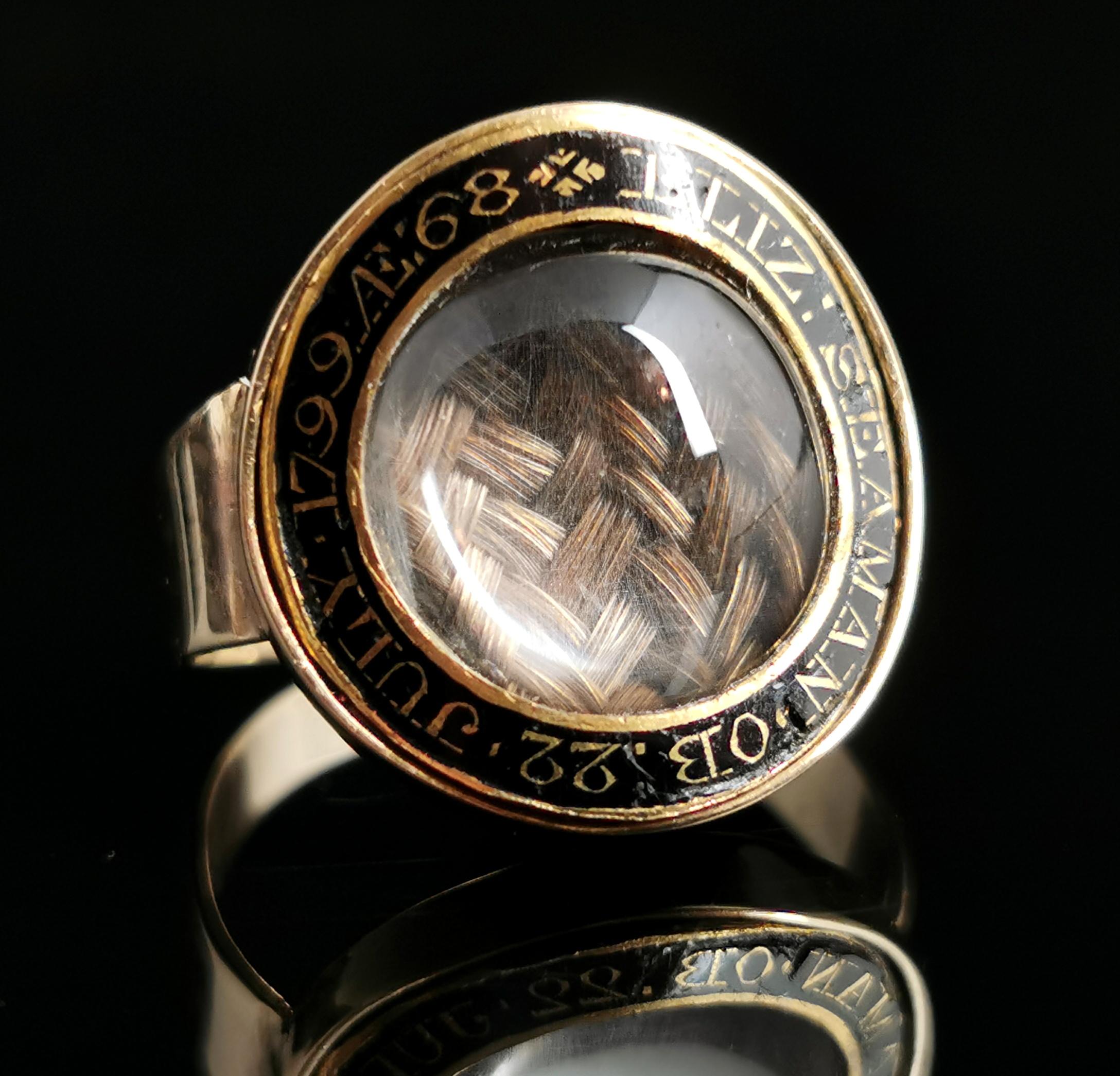 Antique Georgian mourning ring, 12k gold, Black enamel and Hairwork, boxed  7
