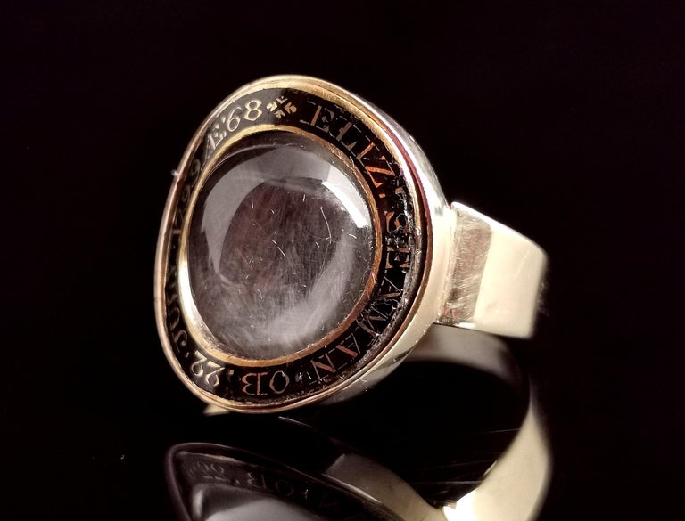 Women's or Men's Antique Georgian mourning ring, 12k gold, Black enamel and Hairwork, boxed  For Sale