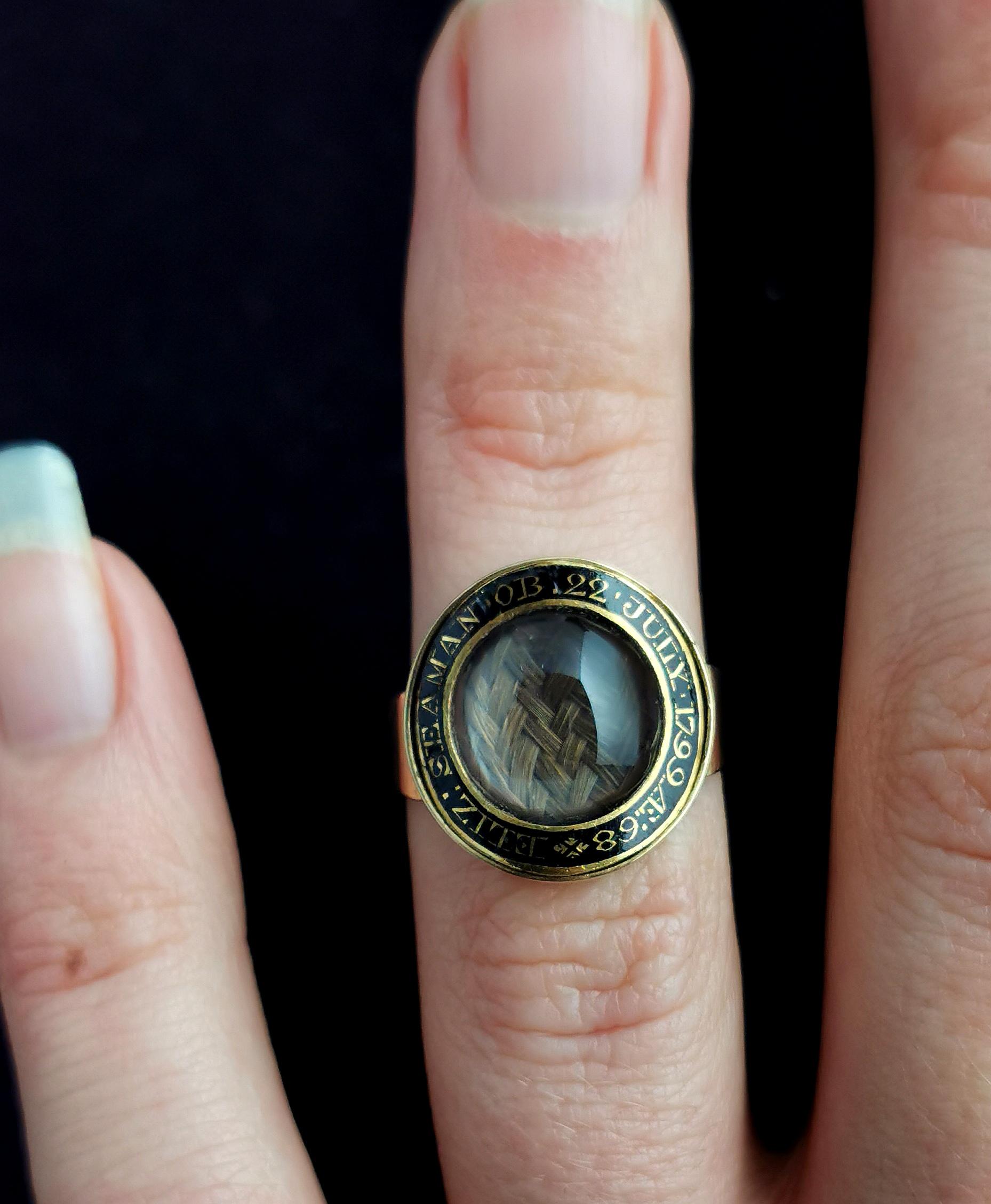 Antique Georgian mourning ring, 12k gold, Black enamel and Hairwork, boxed  1
