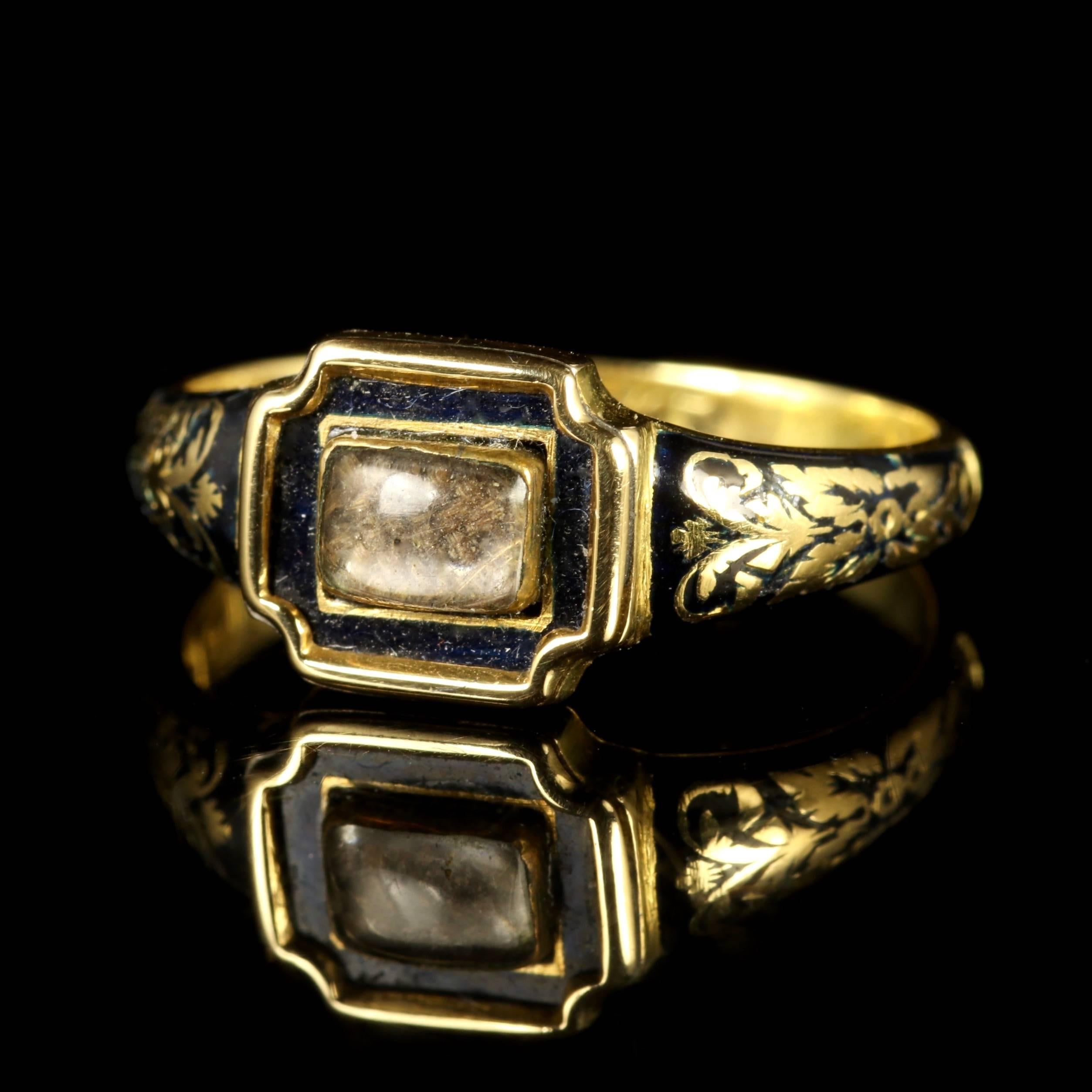 This fabulous Georgian mourning ring is set in 18ct Yellow Gold, Circa 1790.

Due to its age, Georgian jewellery is quite rare, with some pieces almost three hundred years old. From 1714 until 1837 four King Georges and a short-lived William gave