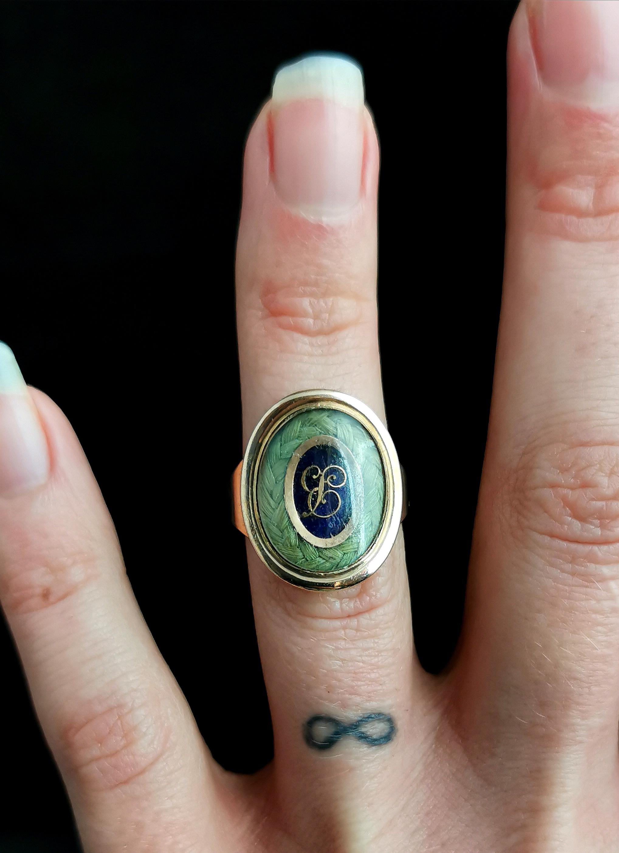 Women's or Men's Antique Georgian Mourning Ring, 18 Karat Yellow Gold, Blue Enamel and Hairwork