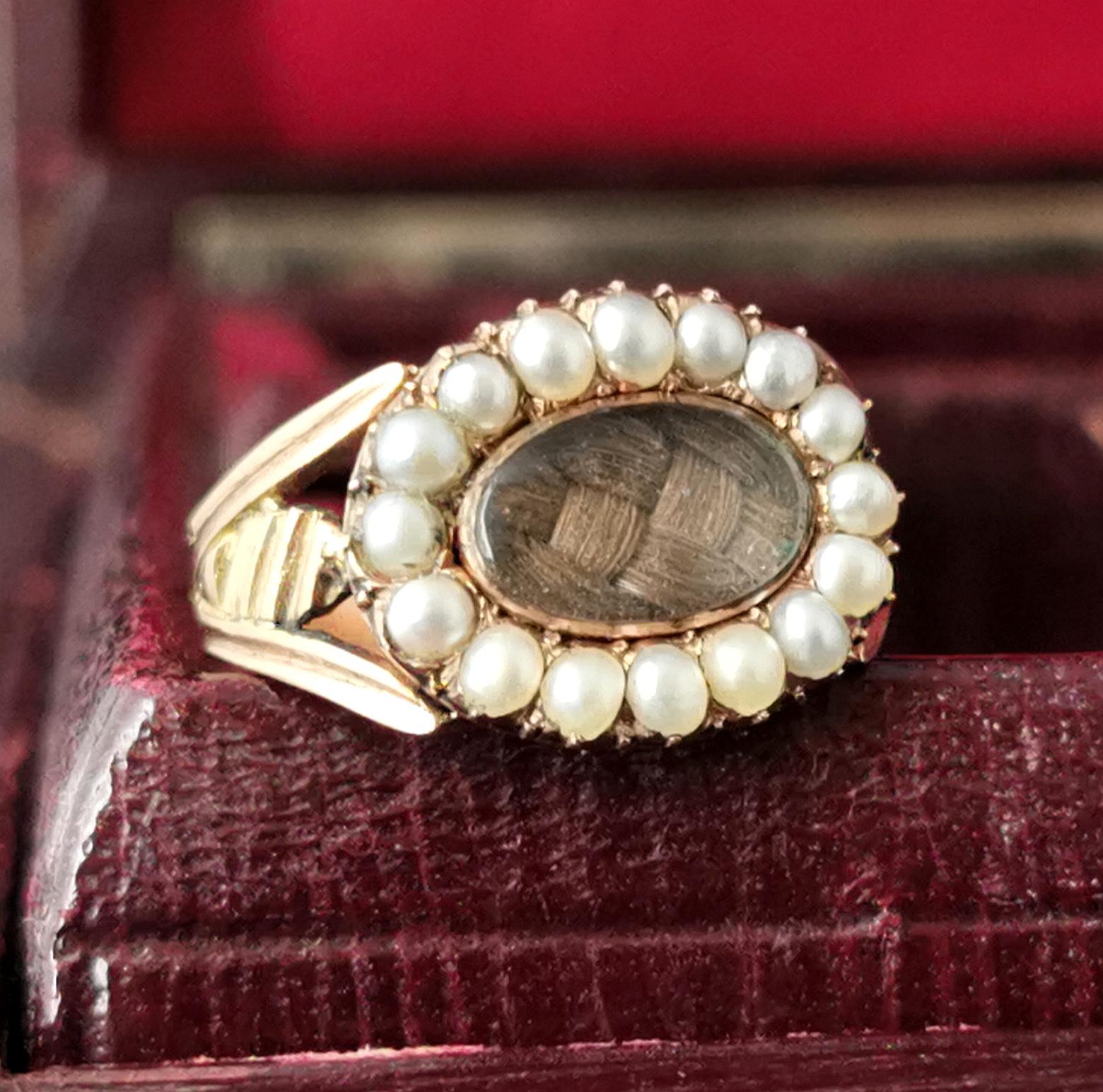 Antique Georgian Mourning Ring, 18 Karat Yellow Gold, Pearl and Hairwork 2