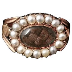 Antique Georgian Mourning Ring, 18 Karat Yellow Gold, Pearl and Hairwork