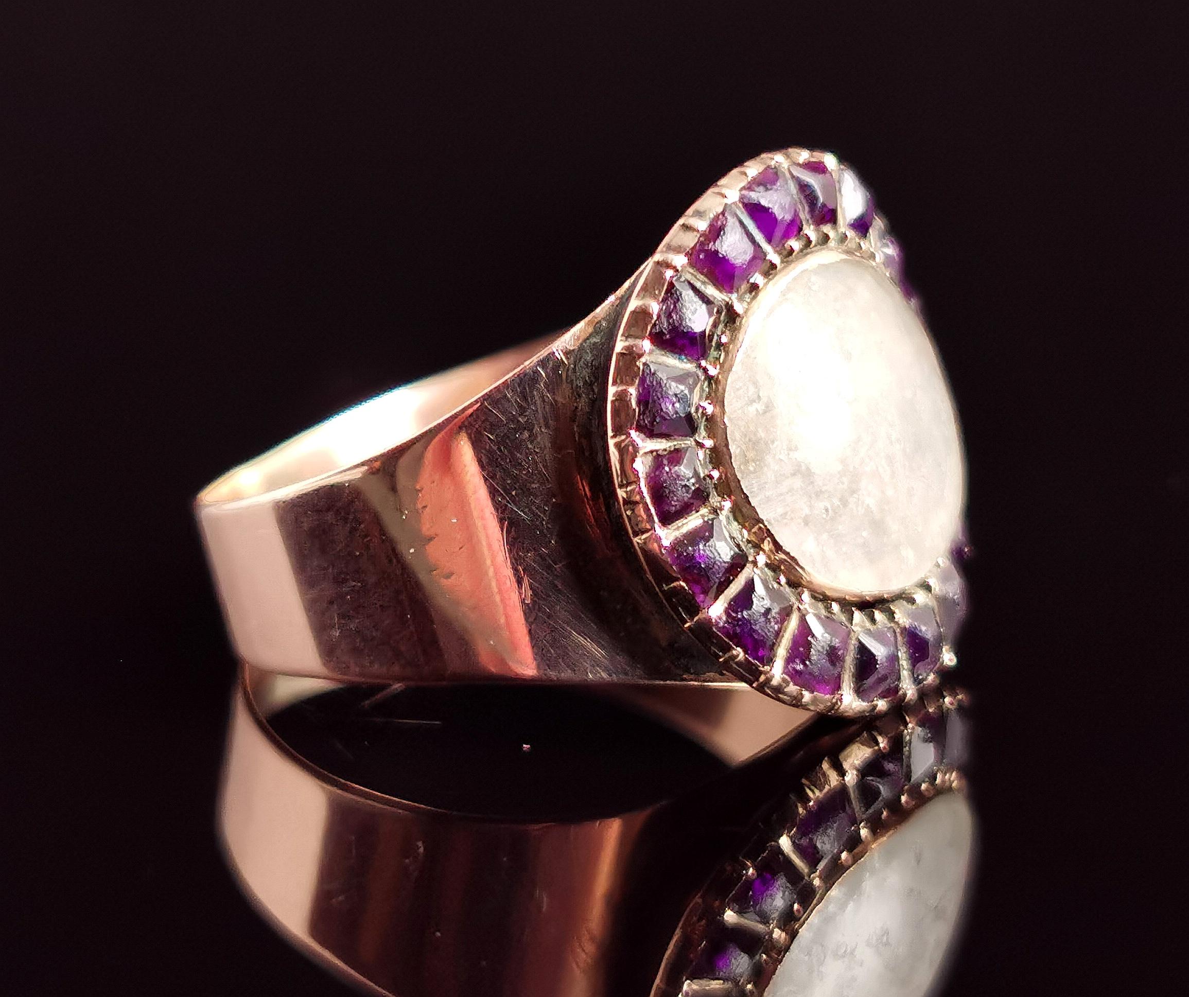 Antique Georgian Mourning Ring, Amethyst Paste, 9k Rose Gold In Fair Condition In NEWARK, GB