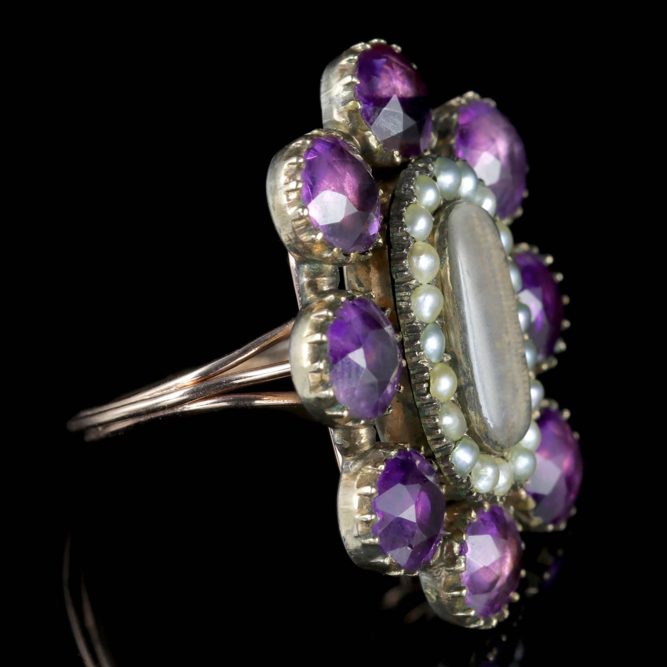 Women's Antique Georgian Mourning Ring Amethyst Pearl, circa 1800