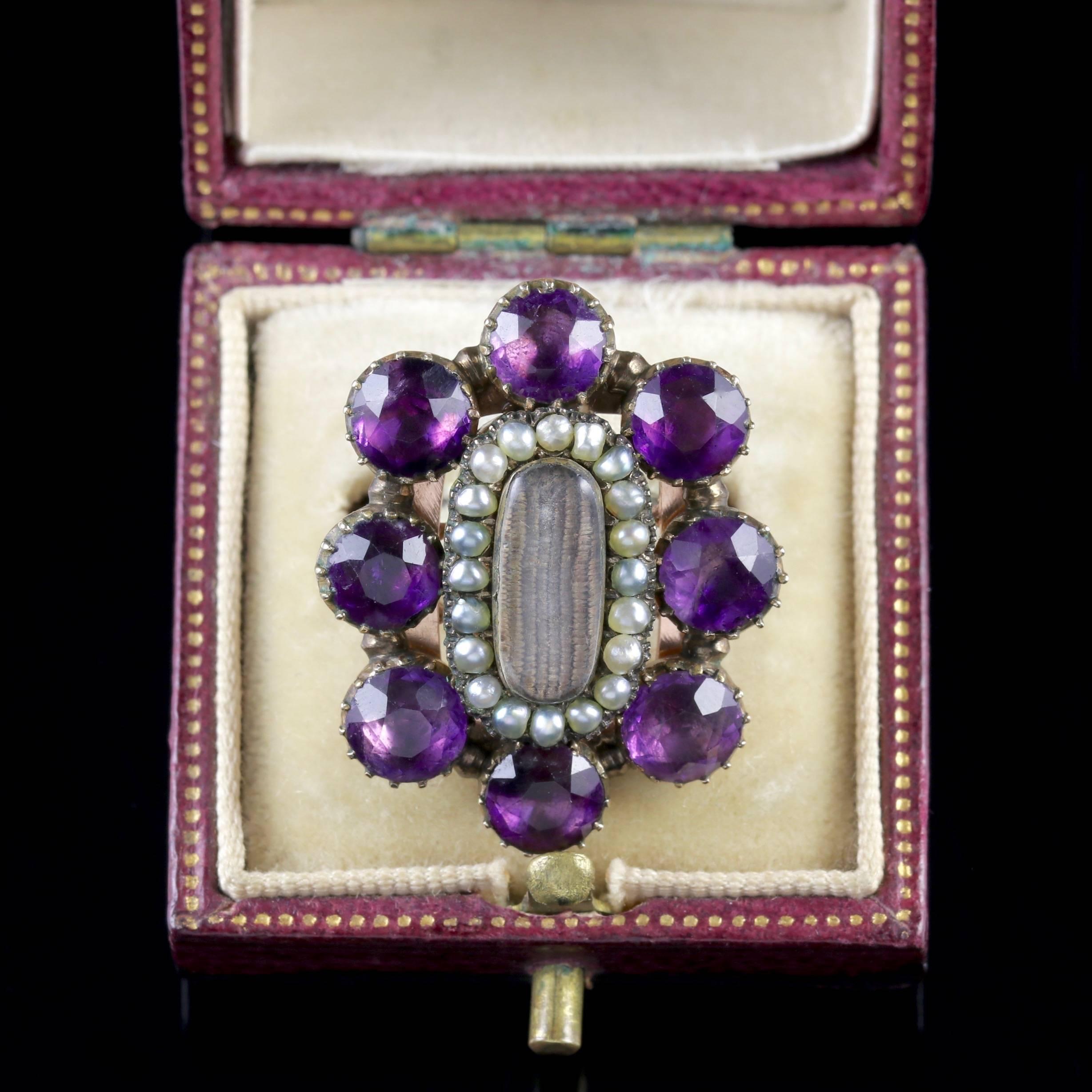 Antique Georgian Mourning Ring Amethyst Pearl, circa 1800 3