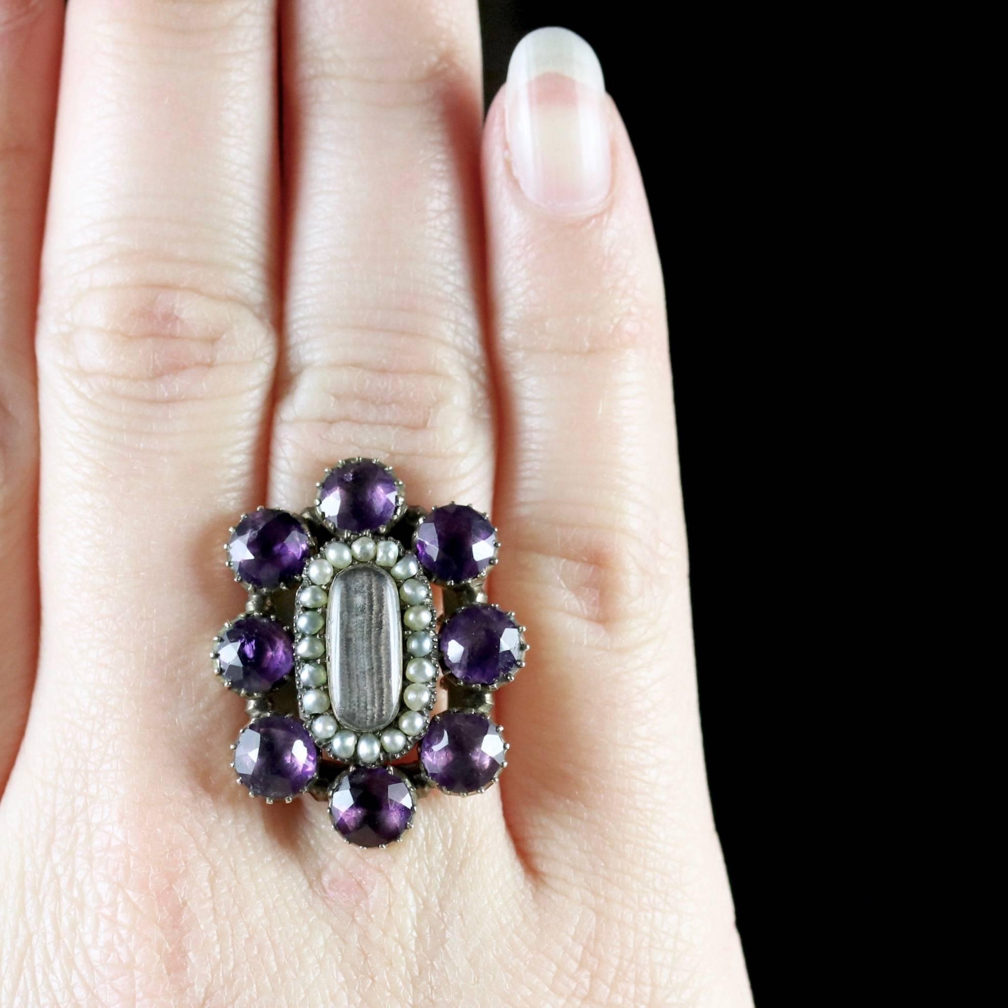 Antique Georgian Mourning Ring Amethyst Pearl, circa 1800 4