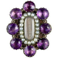Antique Georgian Mourning Ring Amethyst Pearl, circa 1800