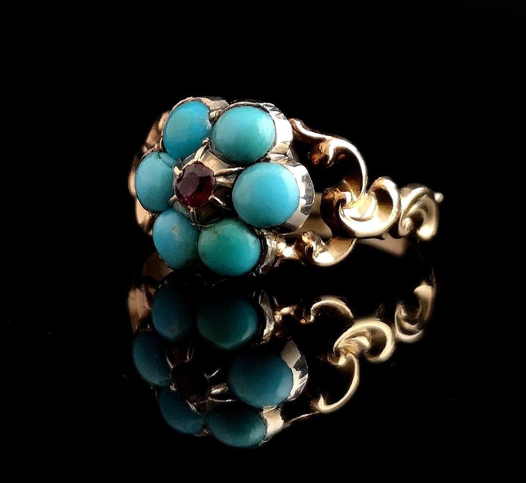 Cabochon Antique Georgian Mourning Ring, Turquoise and Ruby, 22kt Yellow Gold and Silver