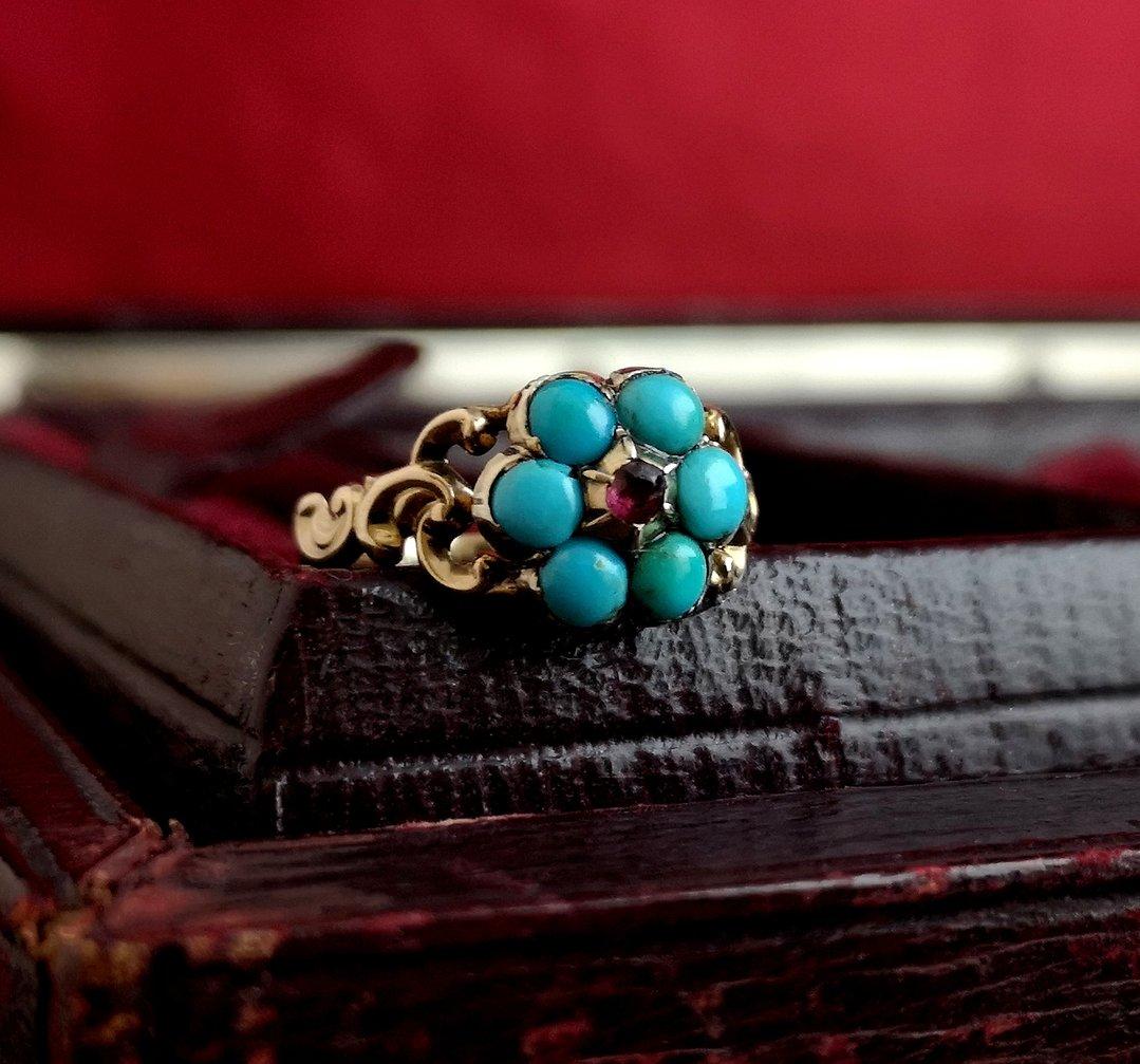 Antique Georgian Mourning Ring, Turquoise and Ruby, 22kt Yellow Gold and Silver 2