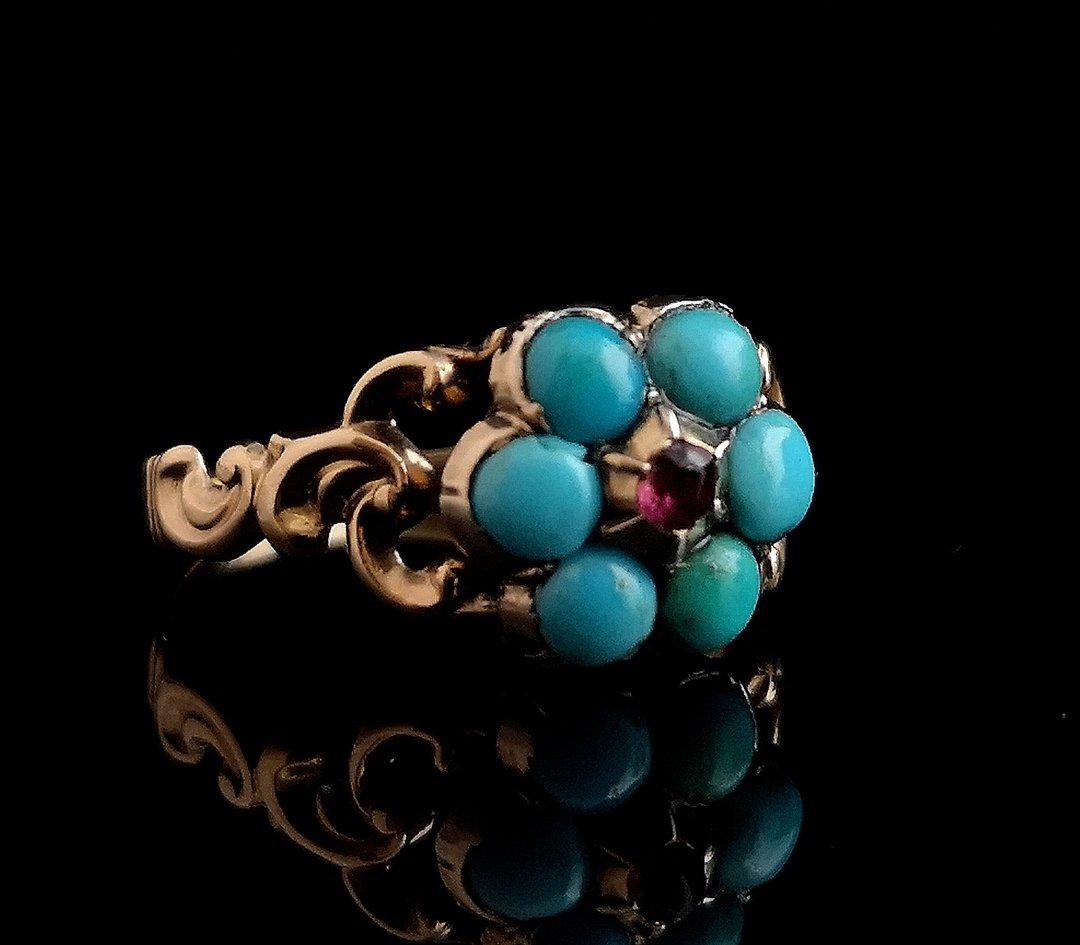 Antique Georgian Mourning Ring, Turquoise and Ruby, 22kt Yellow Gold and Silver 3