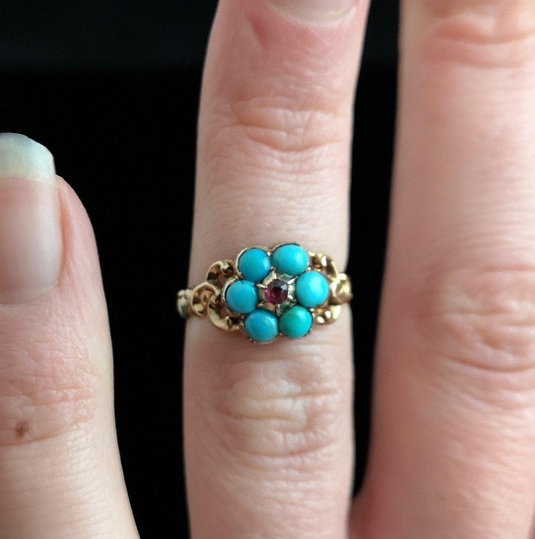 Antique Georgian Mourning Ring, Turquoise and Ruby, 22kt Yellow Gold and Silver 4