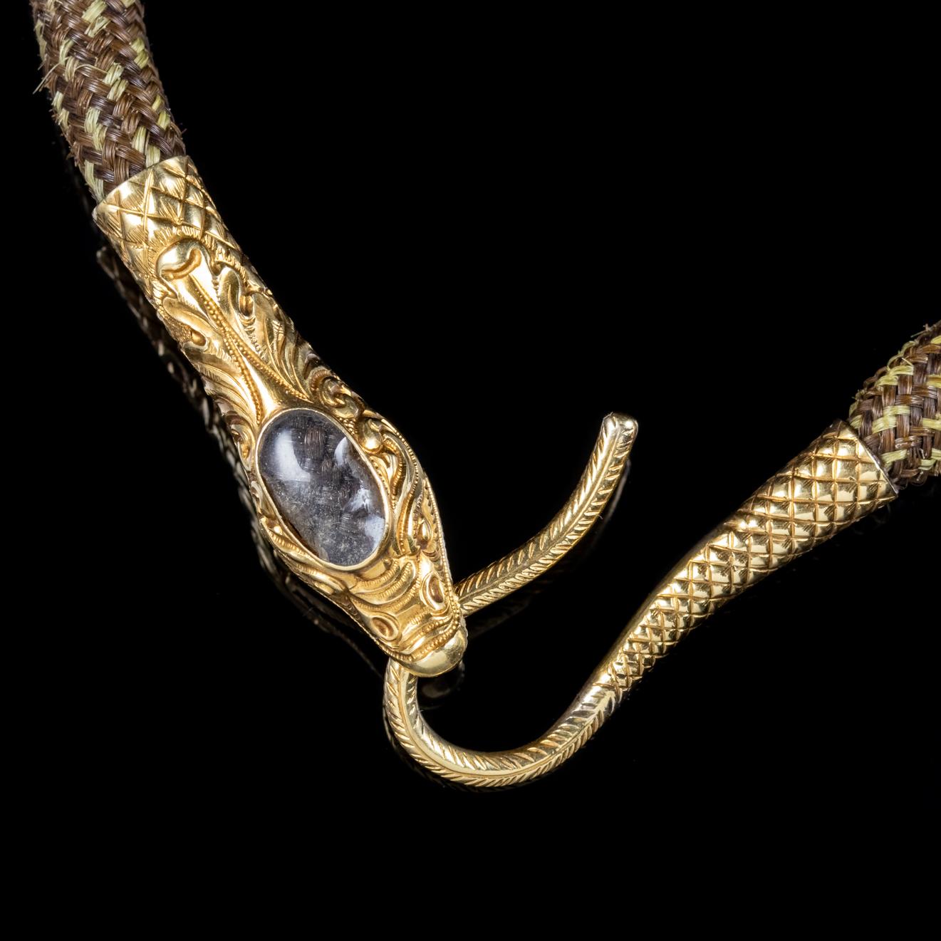 Women's Antique Georgian Mourning Snake Necklace Rock Crystal 18 Carat Gold, circa 1800 For Sale