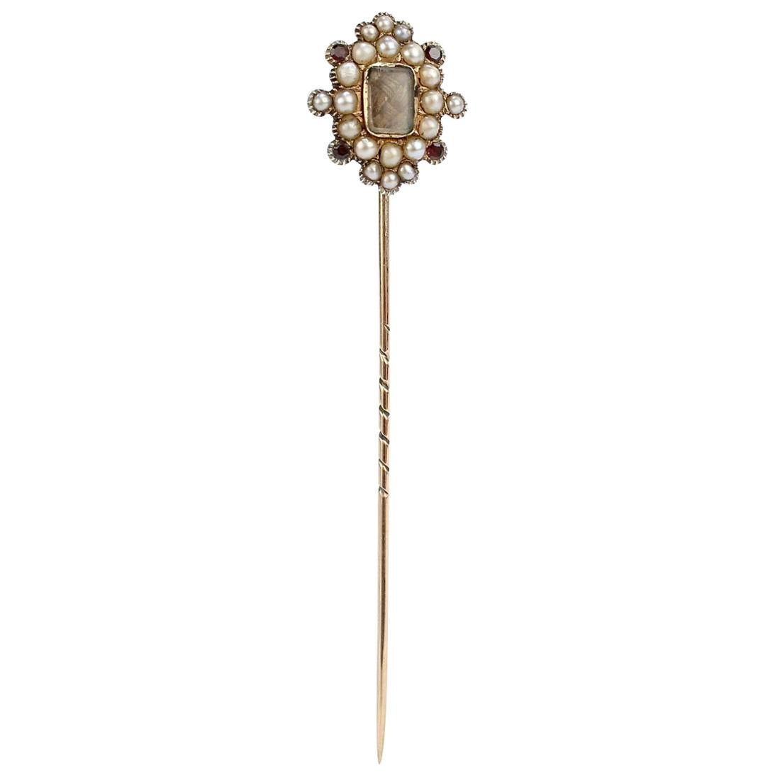 Antique Georgian Mourning Stick Pin with Gold, Pearls, and Garnets
