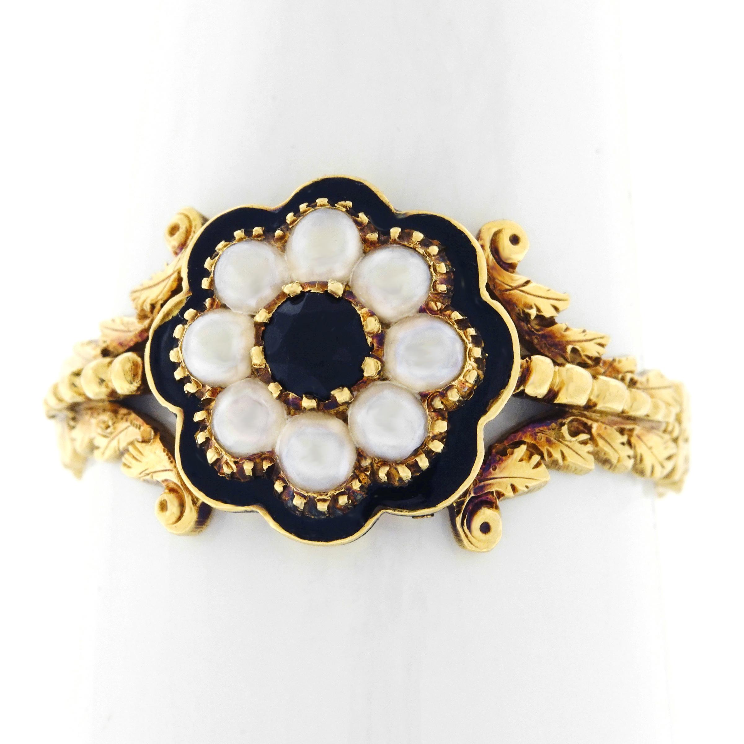 Antique Georgian Natural Pearl, Onyx, and Enamel Gold Ring 3