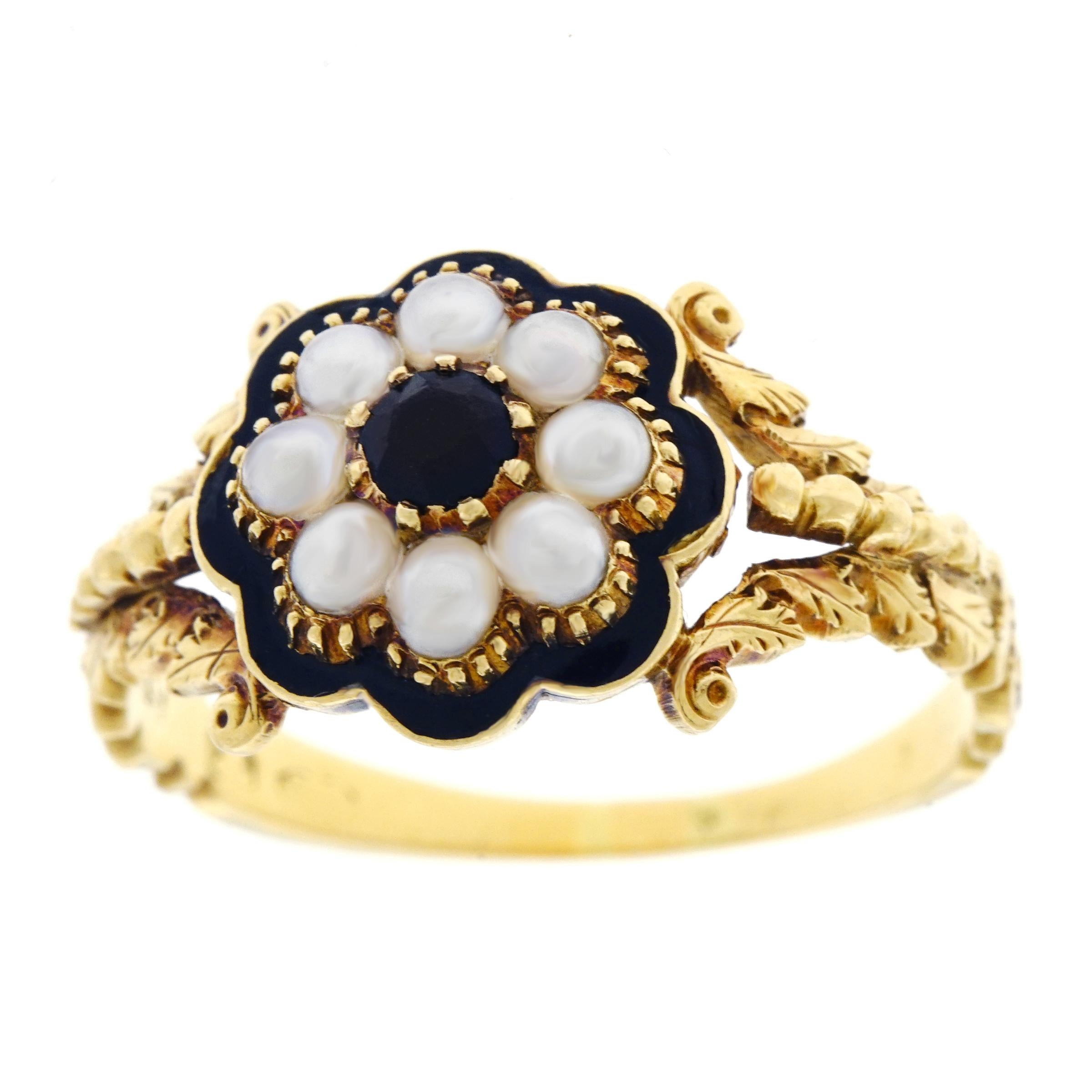 Antique Georgian Natural Pearl, Onyx, and Enamel Gold Ring