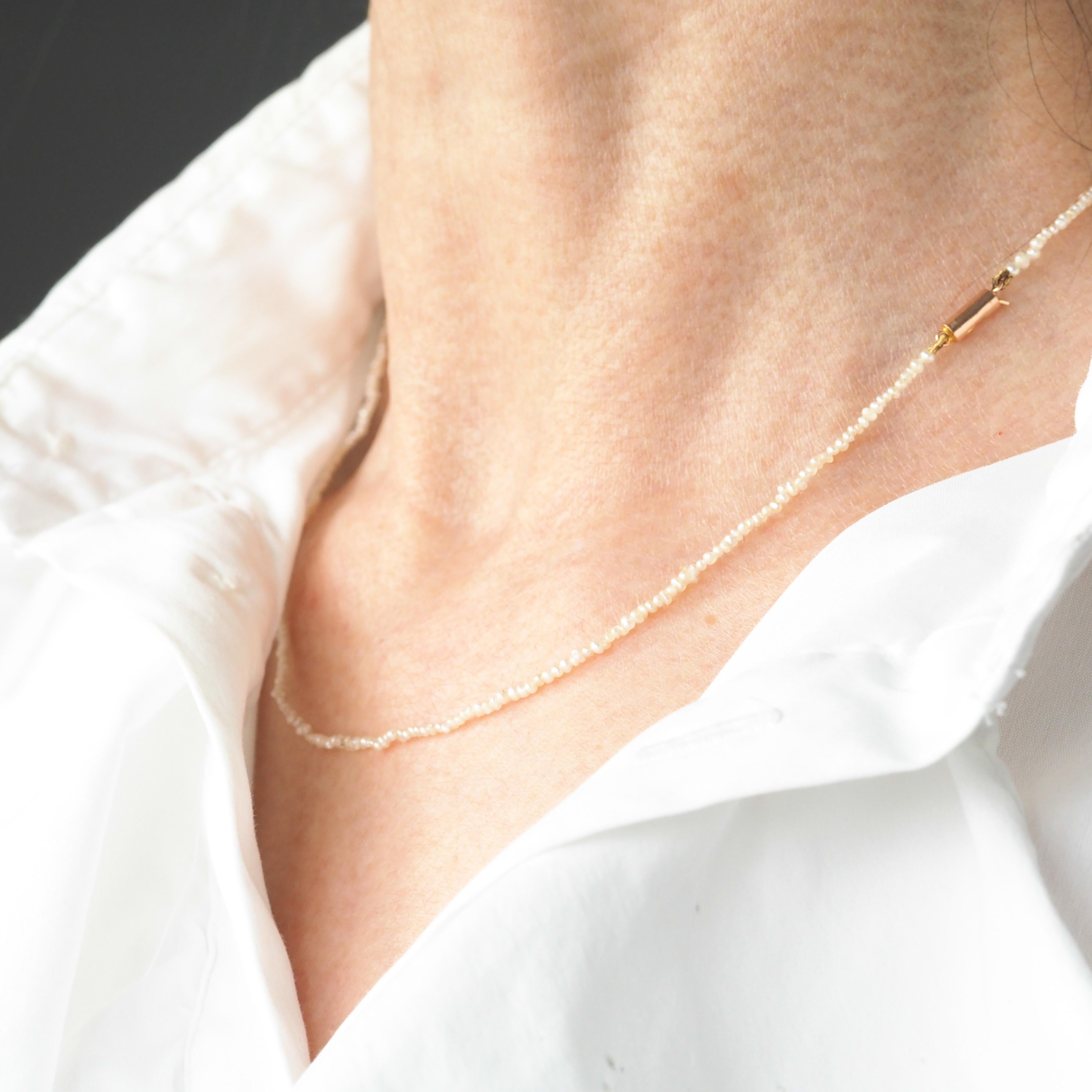 We are delighted to offer this marvellous antique Georgian 9ct gold natural seed pearl necklace. 

Sweet, delicate and enchanting, this necklace presents a classical Georgian design adorned with fine seed pearls all meticulously drilled and