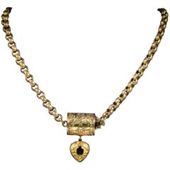 Antique Georgian Necklace 18 Carat Gold Garnet Heart Pendant, circa 1800