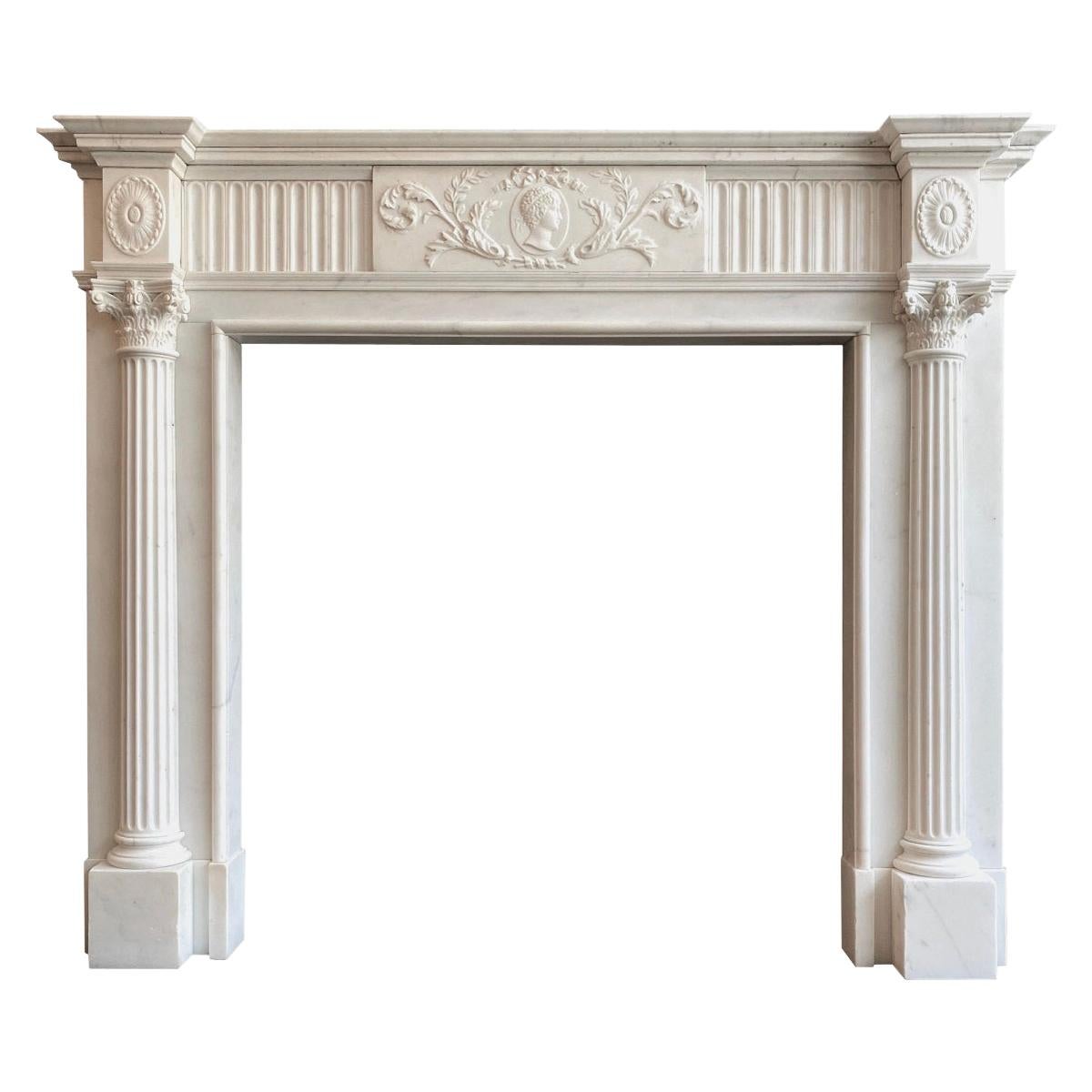 Antique Georgian Neoclassical Fireplace Mantel in Statuary White Marble For Sale