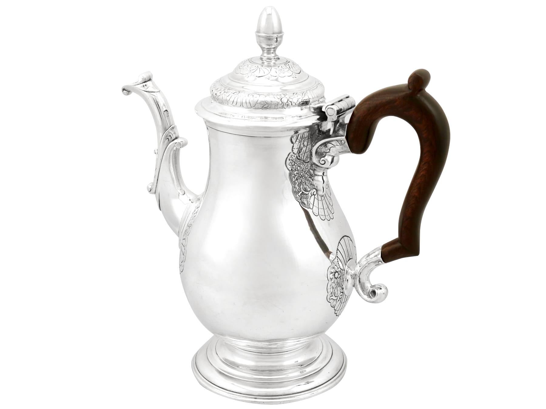 An exceptional, fine and impressive antique George II Newcastle sterling silver coffee pot, an addition to our Georgian silver teaware collection.

This exceptional antique George II Newcastle sterling silver coffee pot has a baluster shaped form
