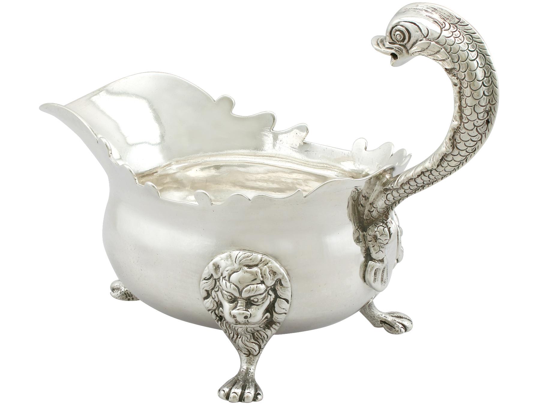 Mid-18th Century Antique Georgian Newcastle Sterling Silver Sauceboat, 1744