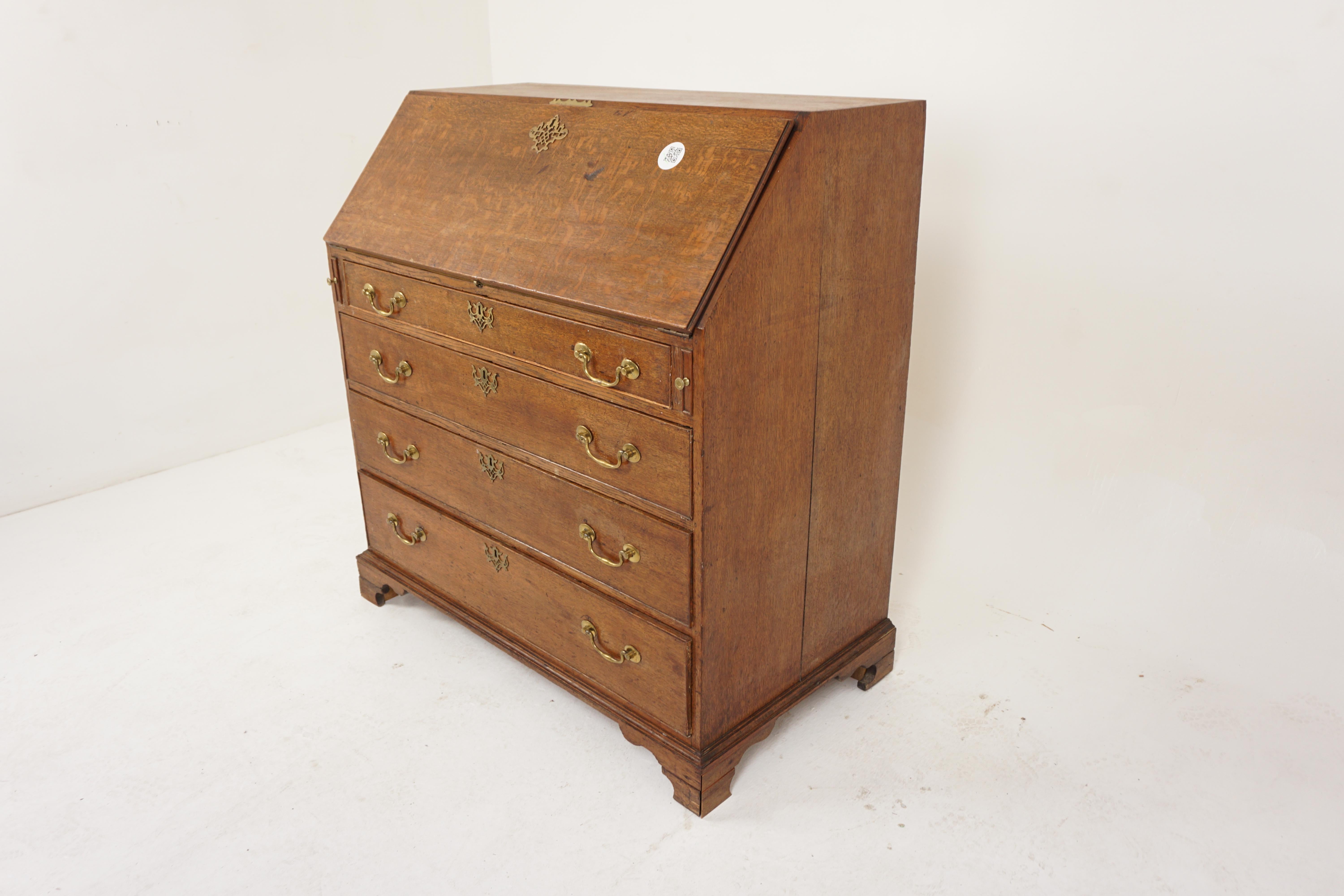 Antique Georgian oak Bureau slant front desk, Scotland 1810, H802

Scotland 1810
Solid oak
Original finish
Dovetailed rectangular top
Fall front with original brass escutcheon
6 Interior drawers with brass knobs, one missing knob
Central