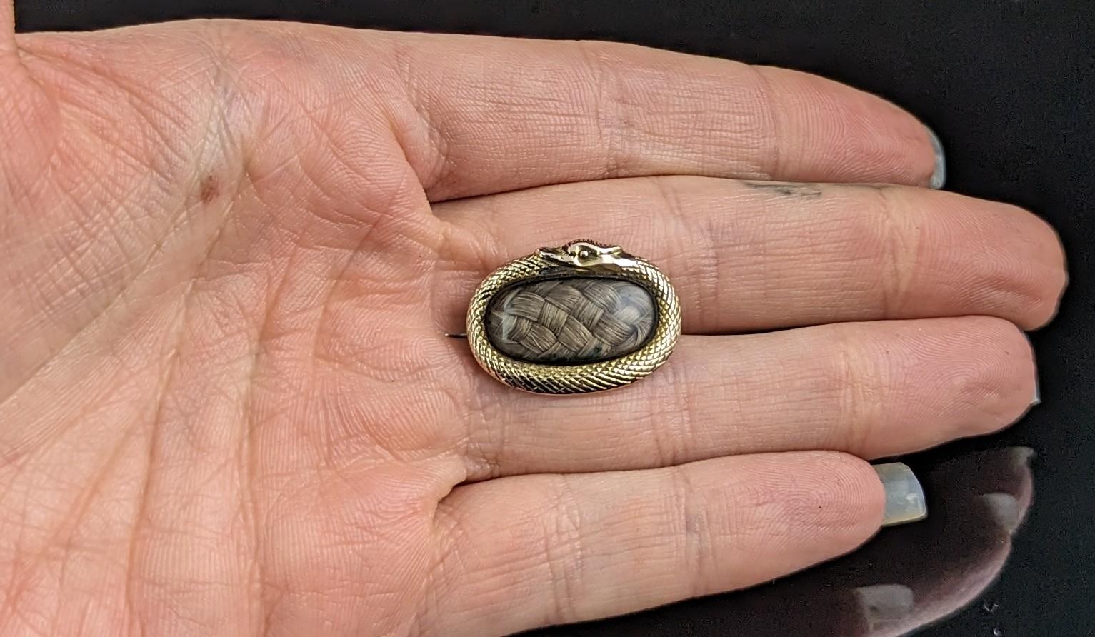 Antique Georgian Ouroboros mourning brooch, 9k gold and hairwork 3