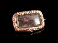 Antique Georgian Ouroboros Mourning Brooch, 9k Gold, Snake Pin, Hairwork