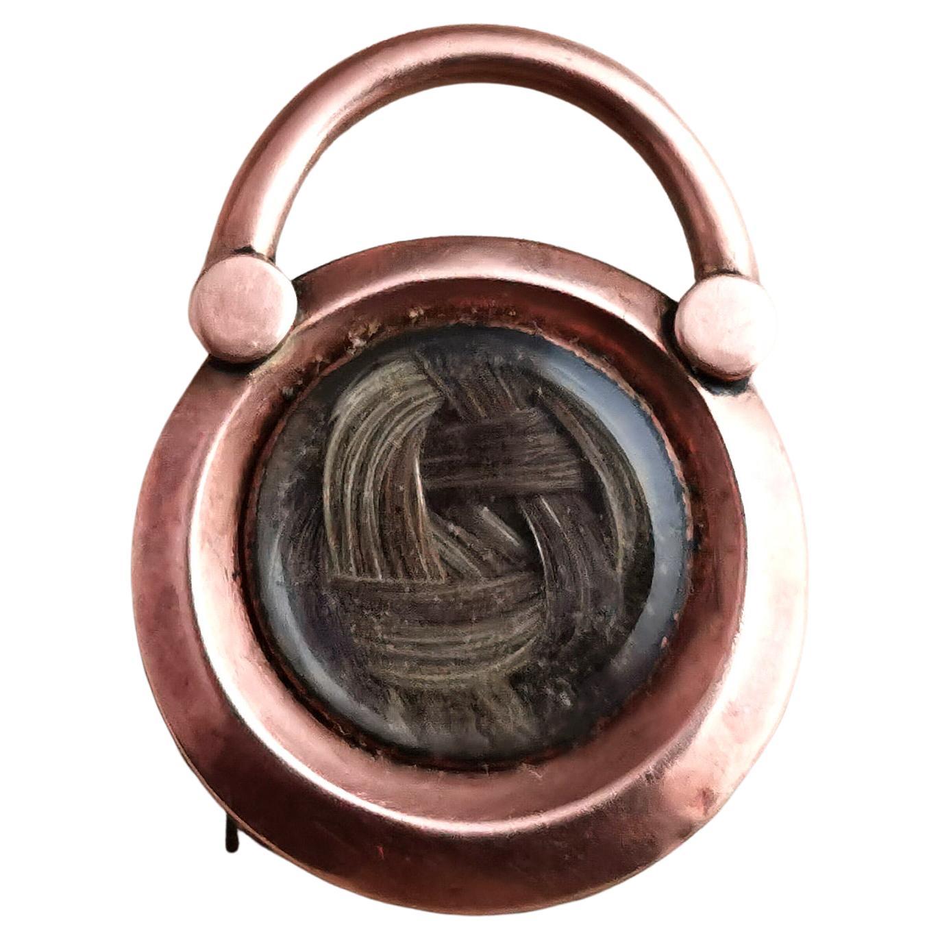 Antique Georgian Padlock Mourning Brooch, 9k Rose Gold, Hairwork