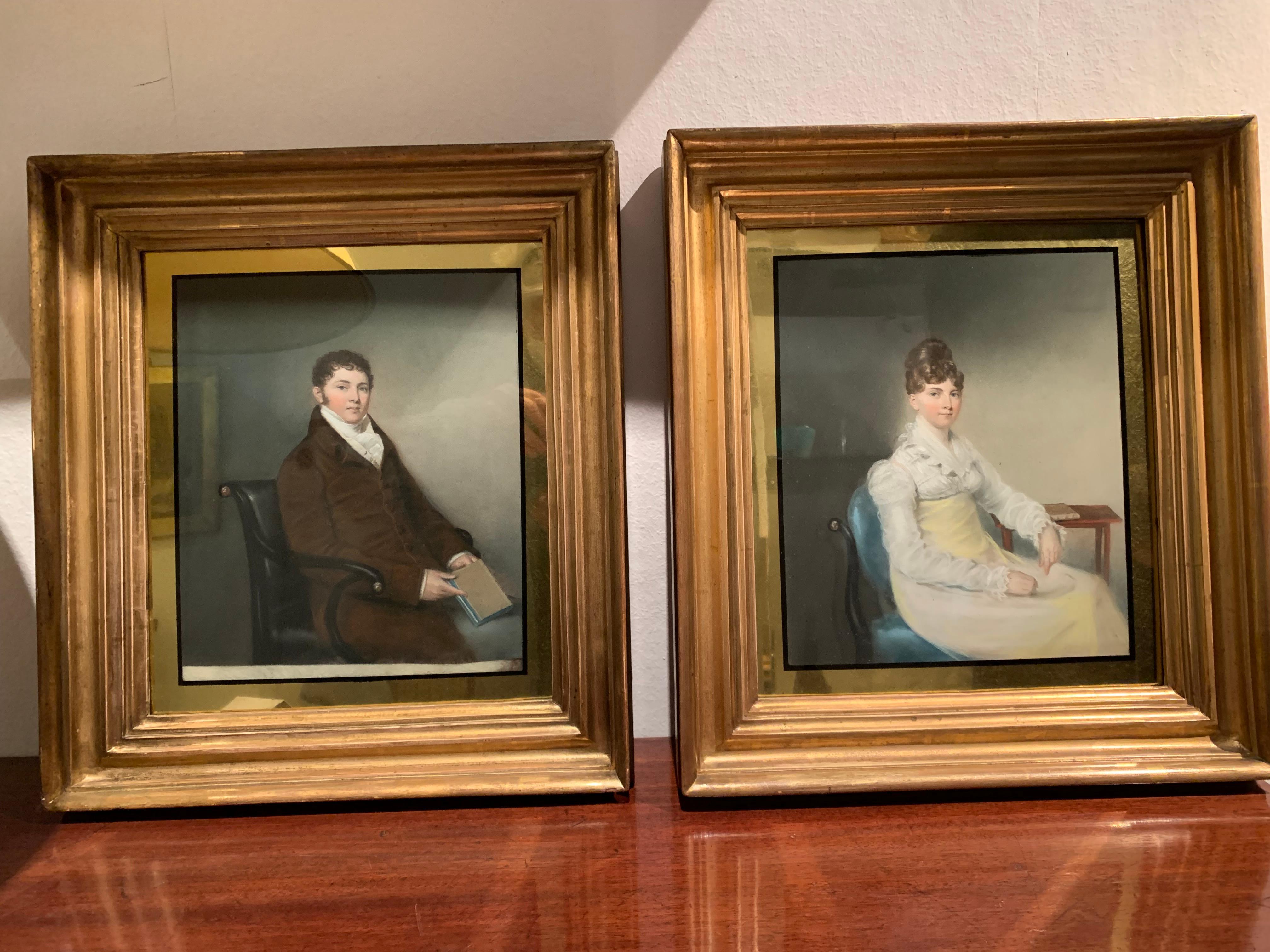 Antique Georgian Pair of Portraits Pastel on Vellum Original Guilt Frames For Sale 3