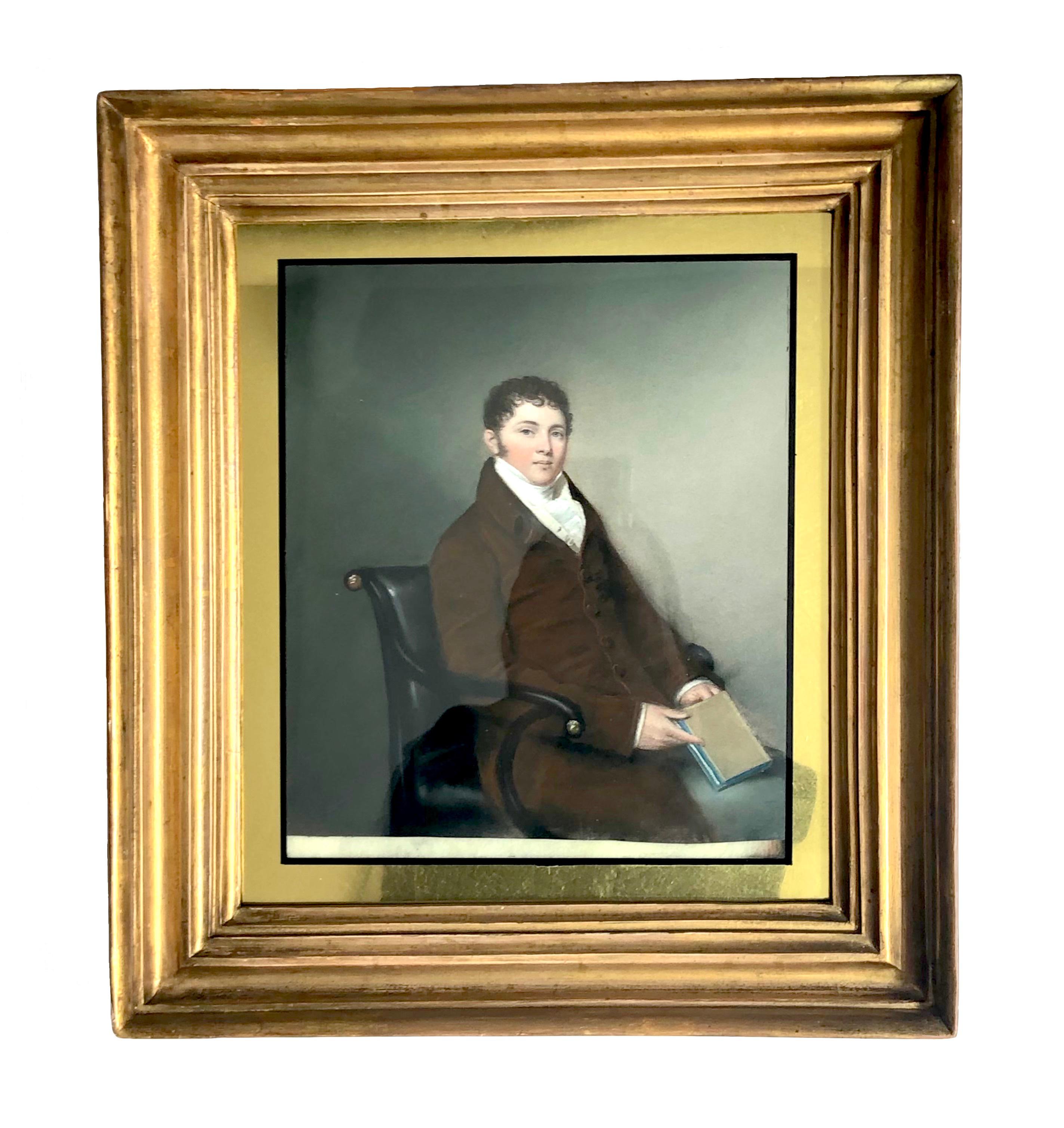 Painted Antique Georgian Pair of Portraits Pastel on Vellum Original Guilt Frames For Sale