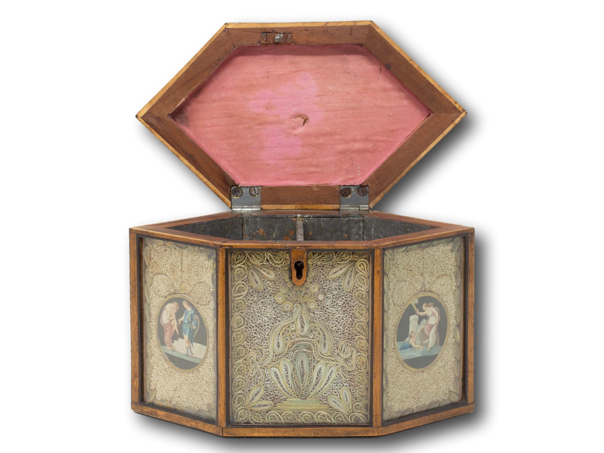 Caja de té georgiana antigua con volutas de papel en venta 6
