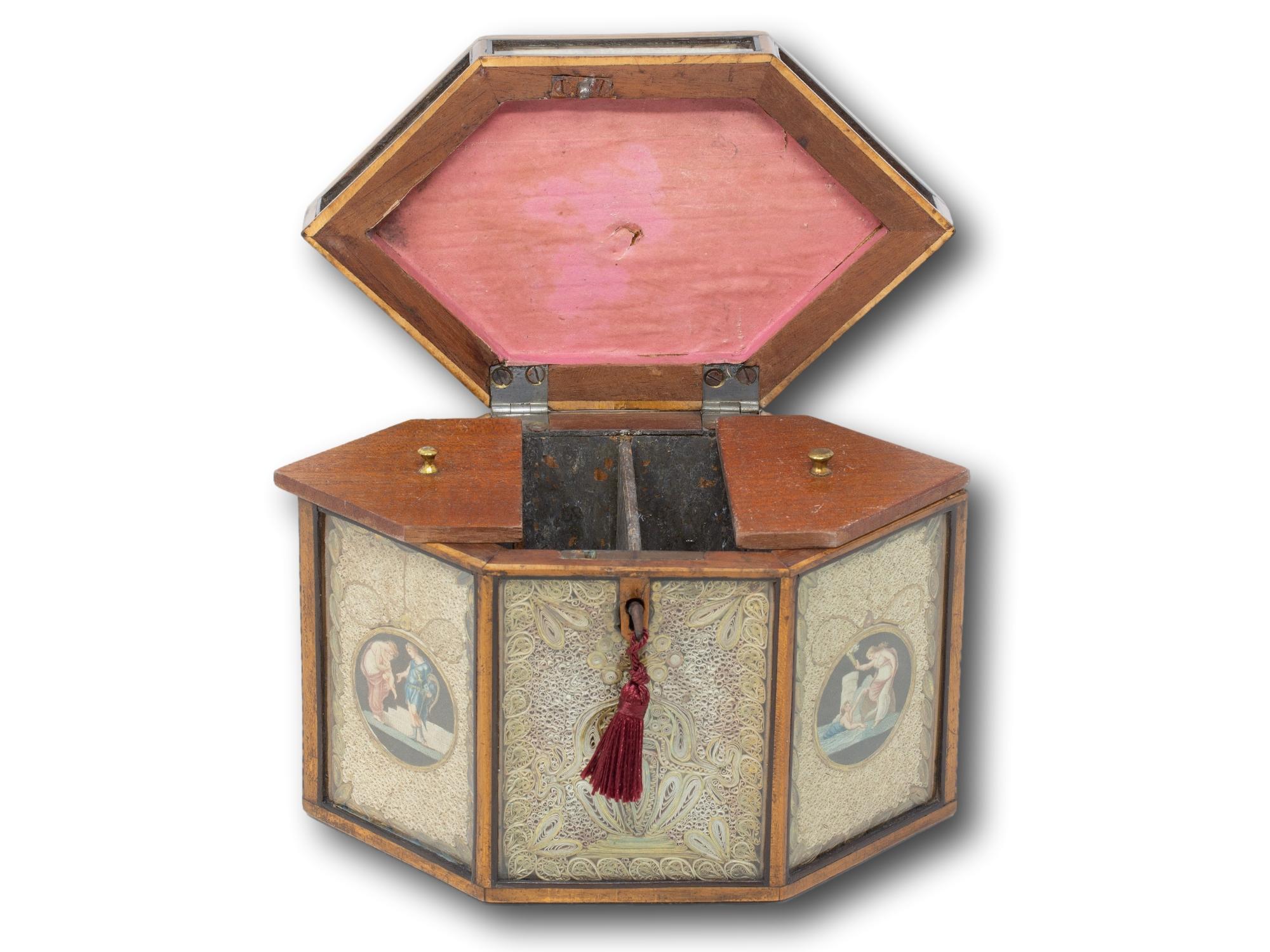 Caja de té georgiana antigua con volutas de papel en venta 7