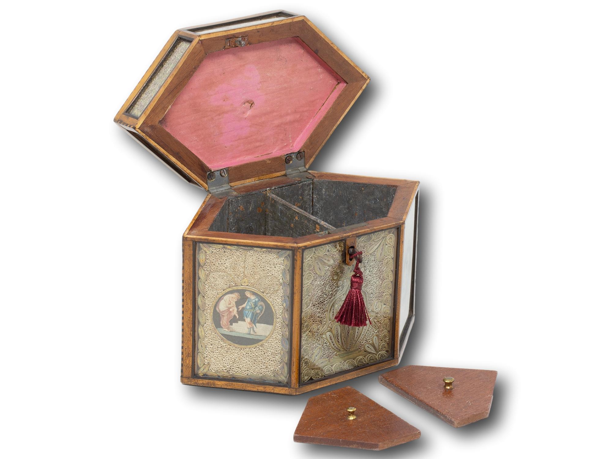 Caja de té georgiana antigua con volutas de papel en venta 8