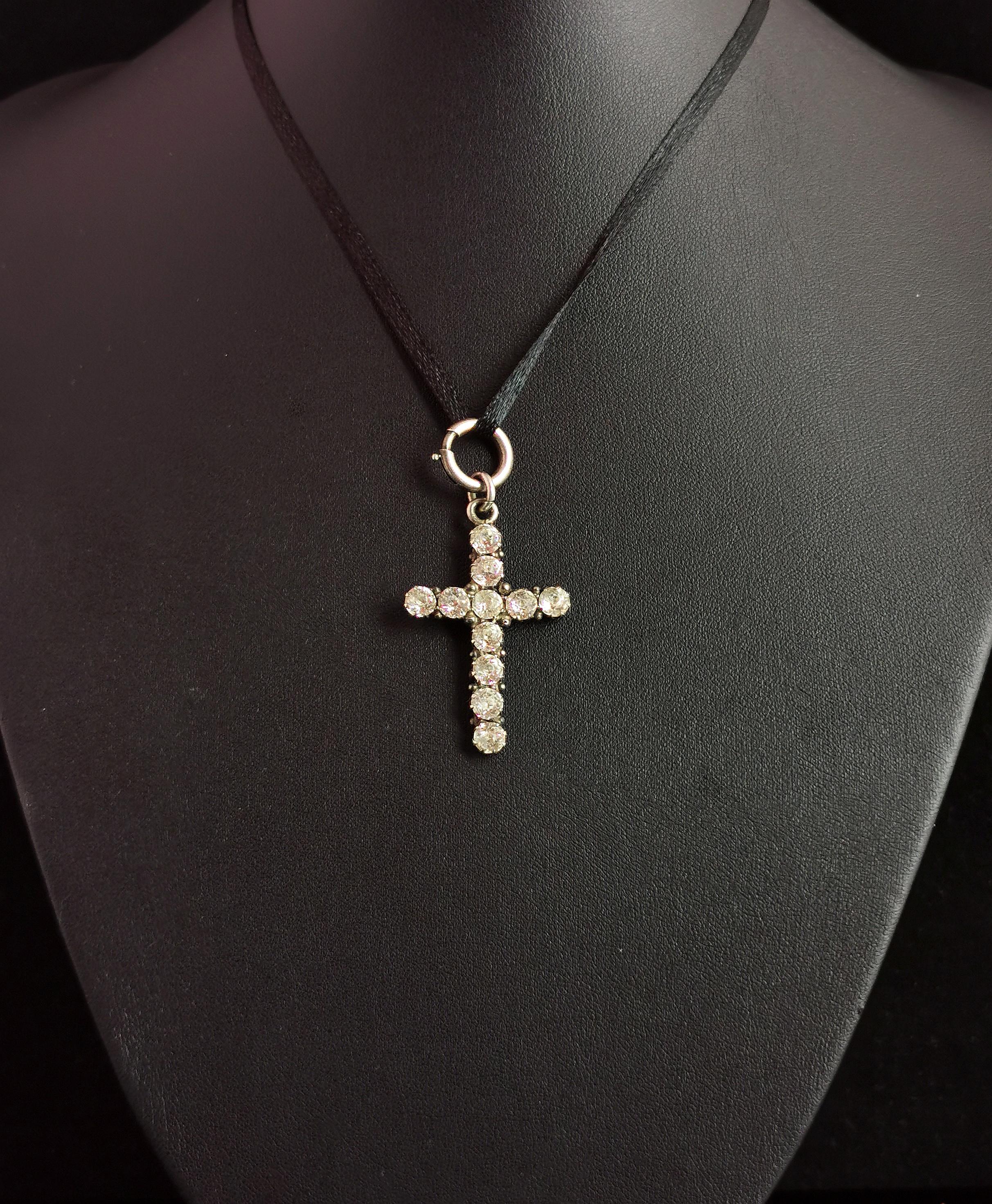Women's or Men's Antique Georgian Paste Cross Pendant, Sterling Silver
