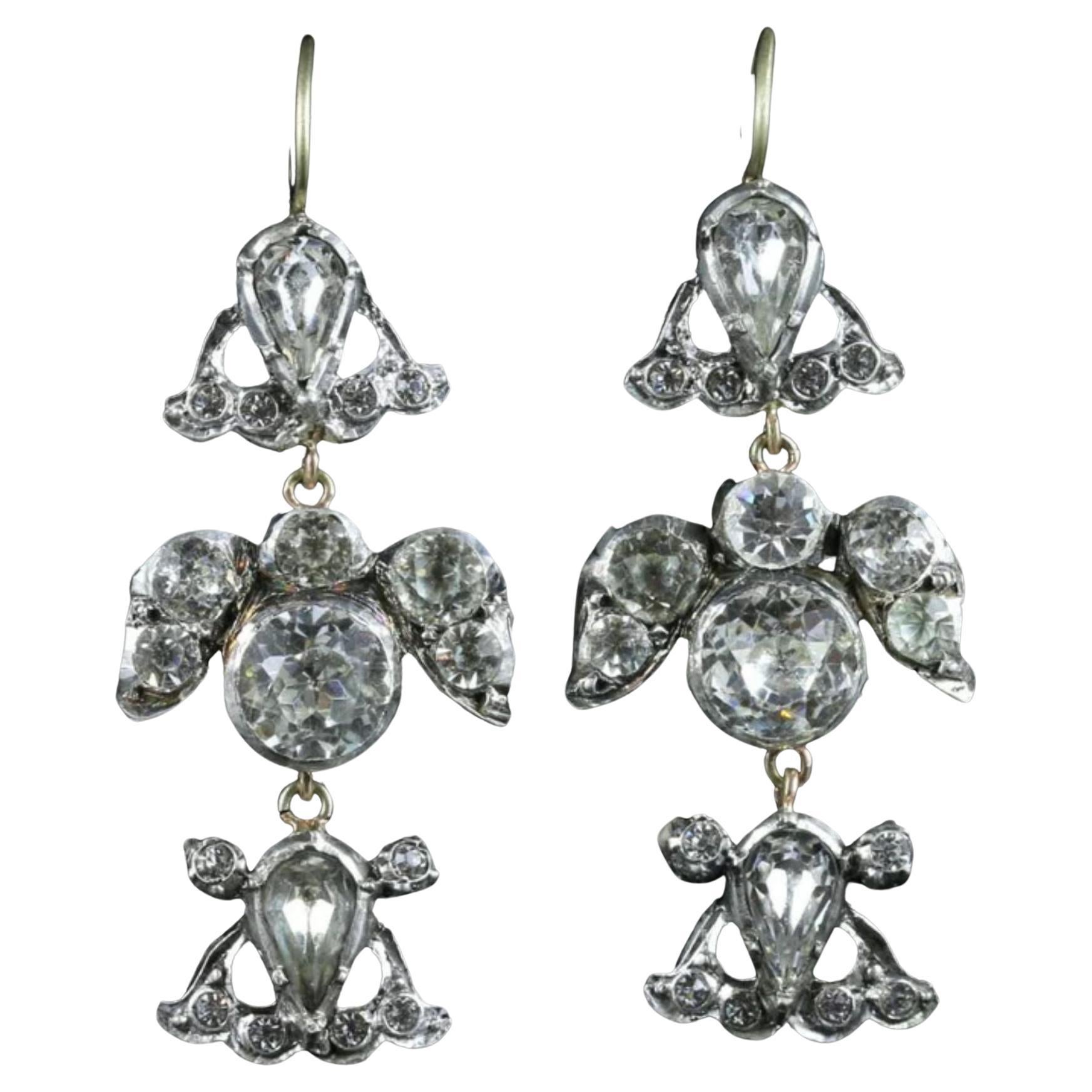 Antique Georgian Paste Drop Earrings Silver Gold Wires For Sale